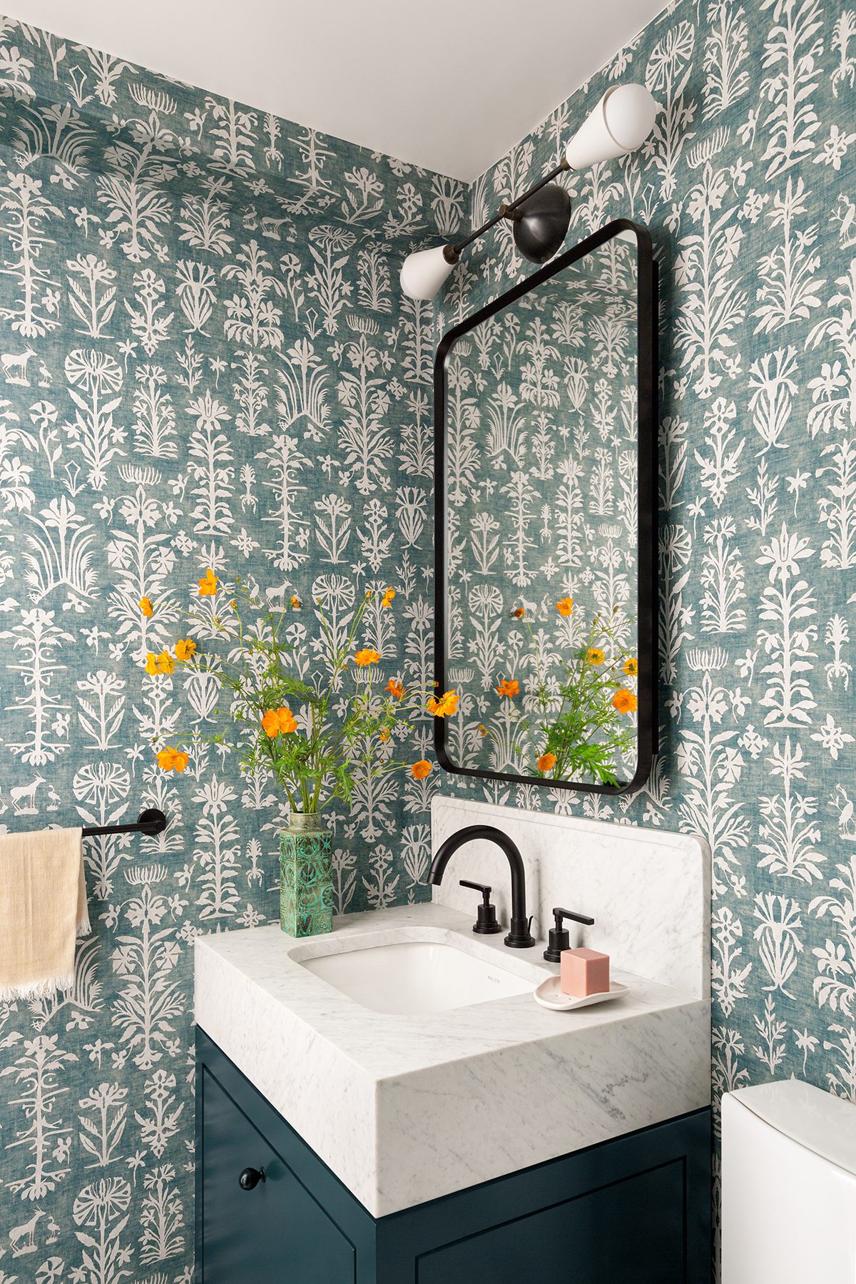 Powder Room with Blue Wallpaper