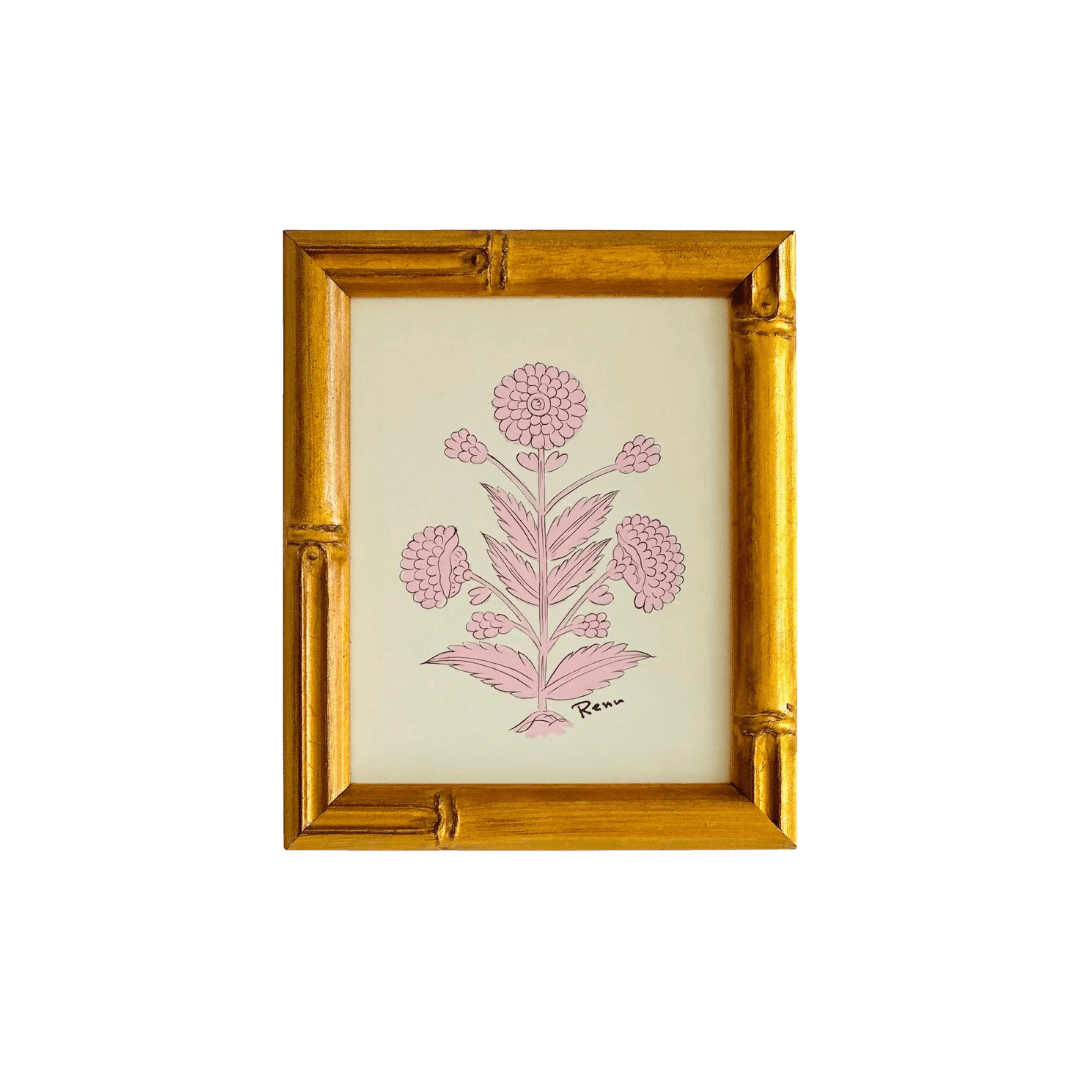 Block printed floral artwork with bamboo frame