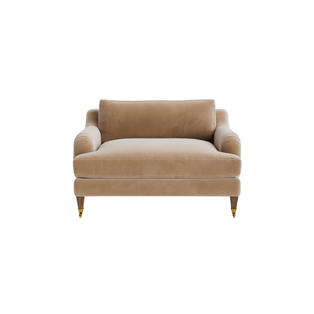 Velvet armchair with wooden legs