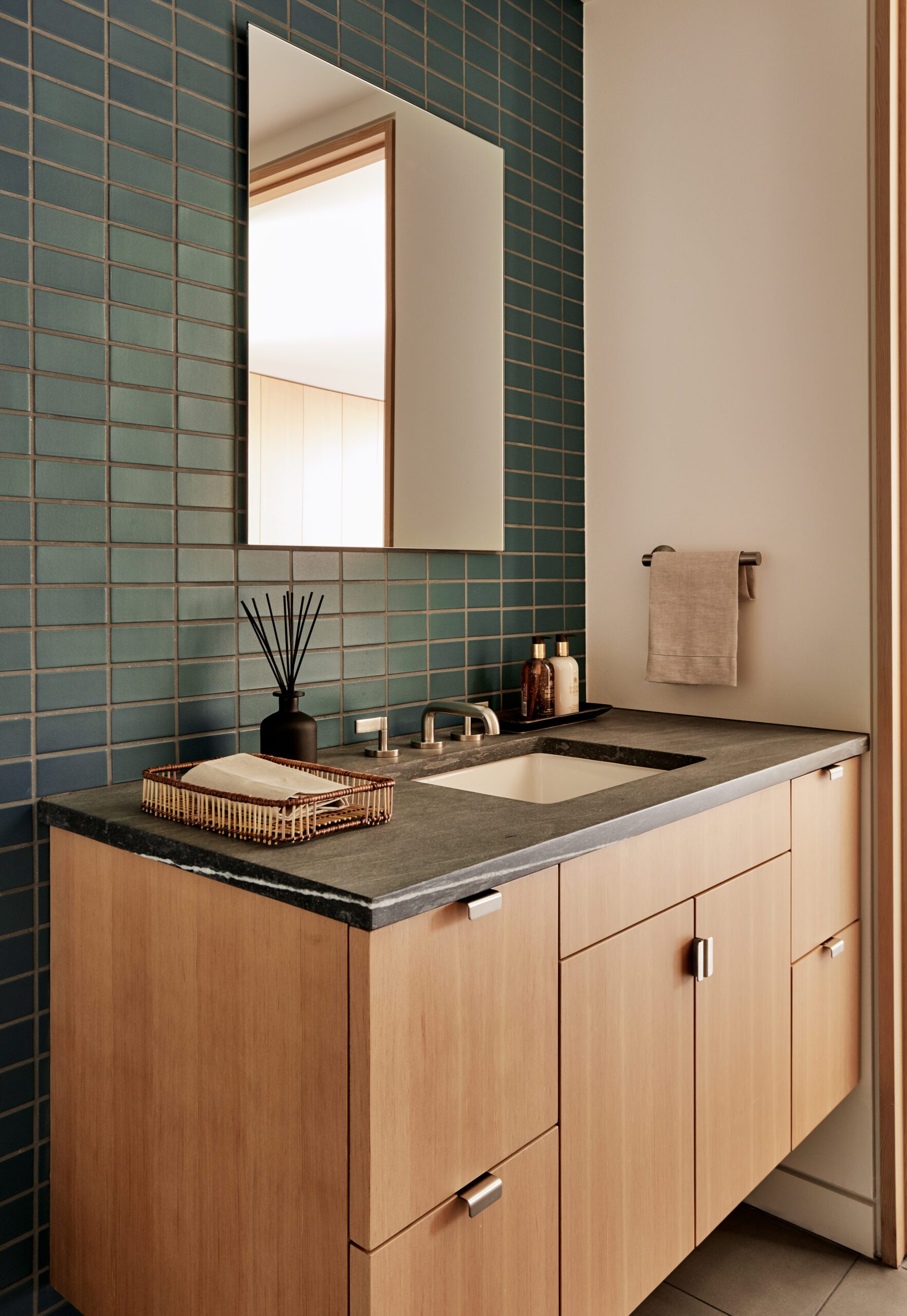 Midcentury modern home design bathroom teal tile