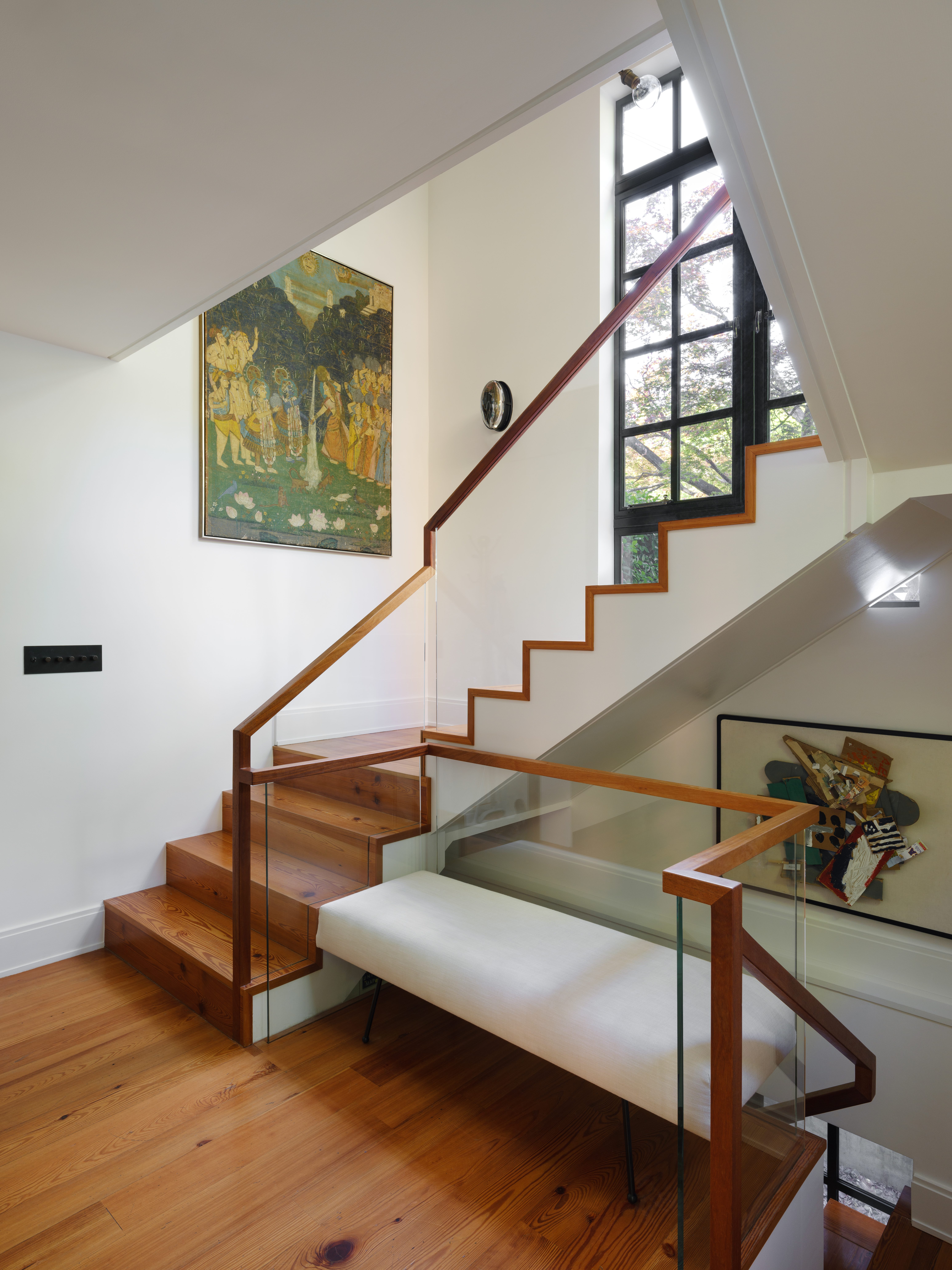 Modern floating staircase vintage artwork