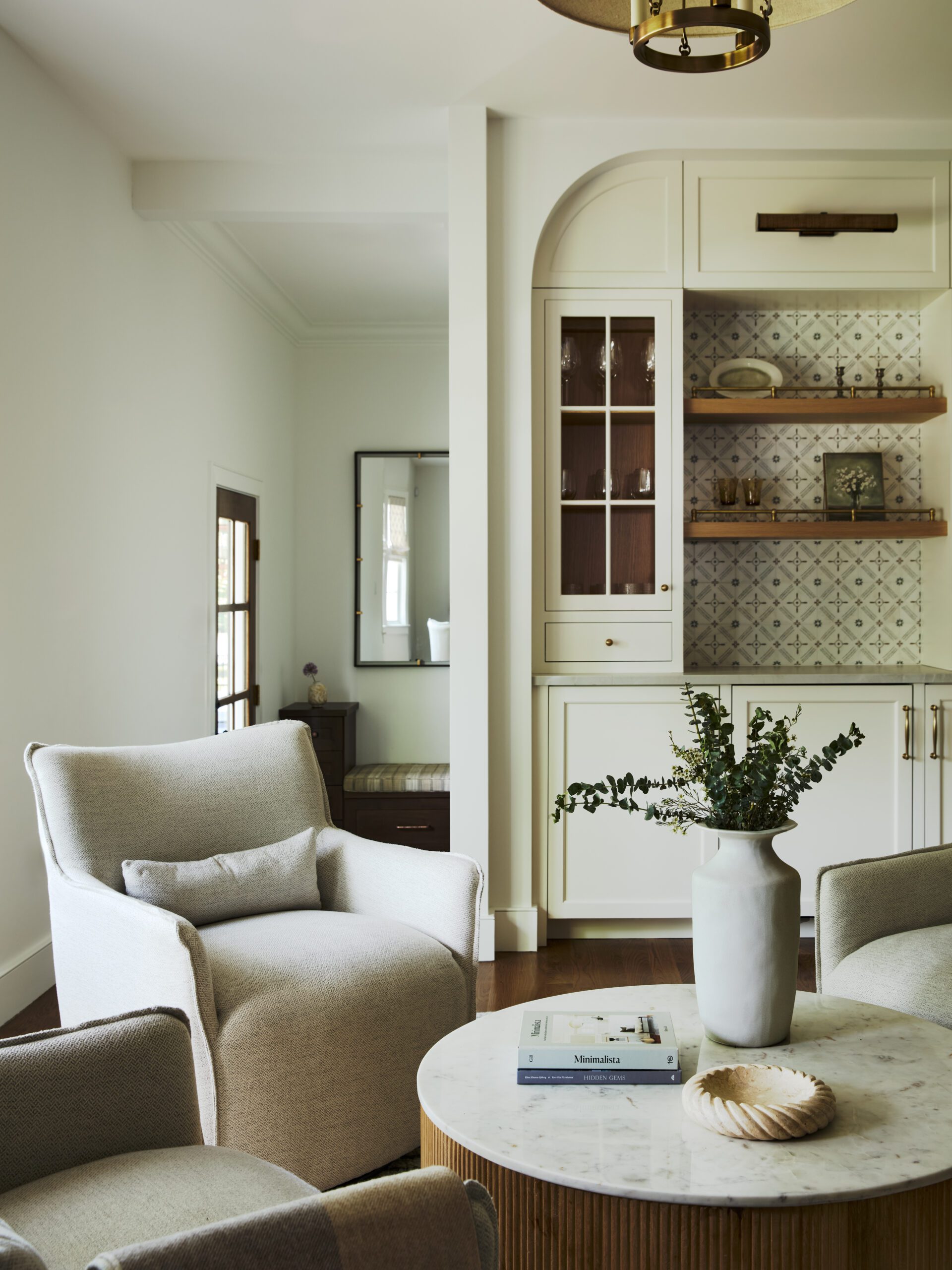Seating area in living room cream walls