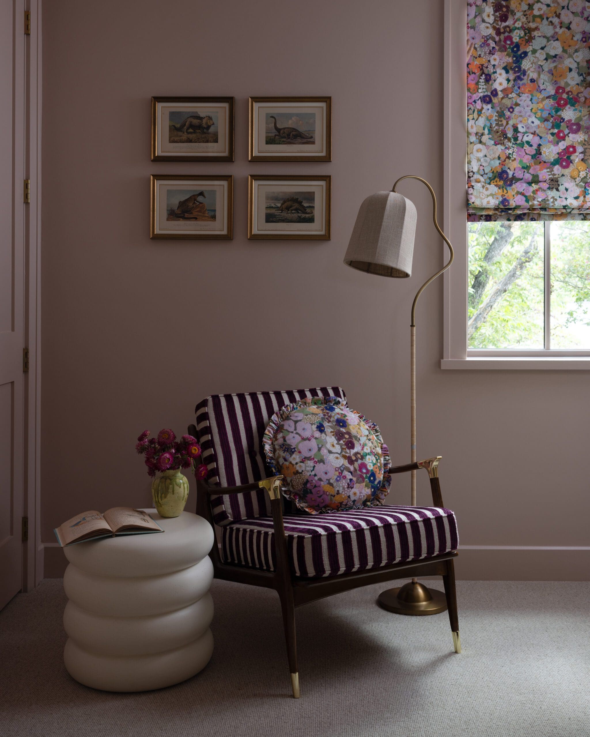 Mauve bedroom with striped chair