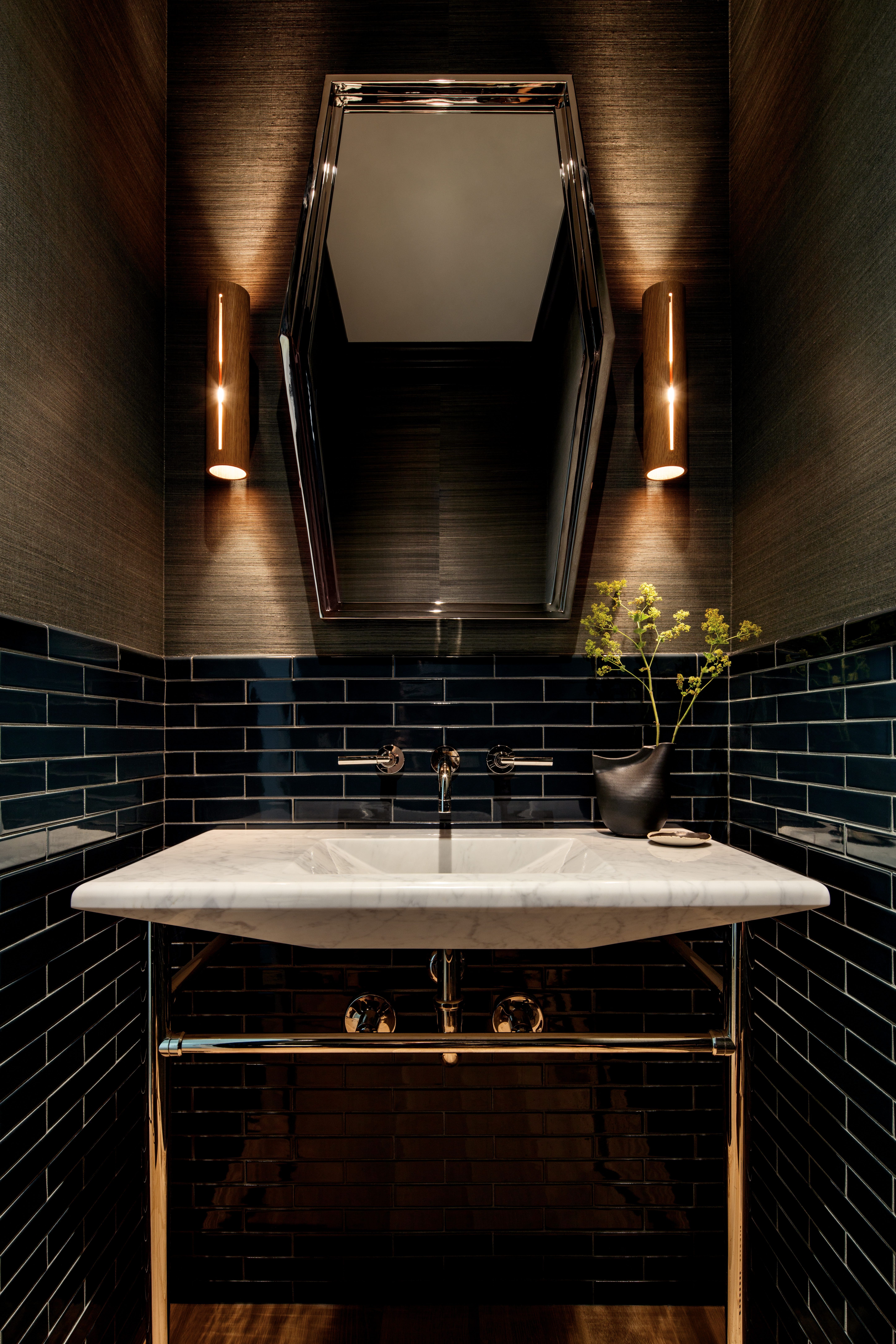 Moody bathroom design tiled walls