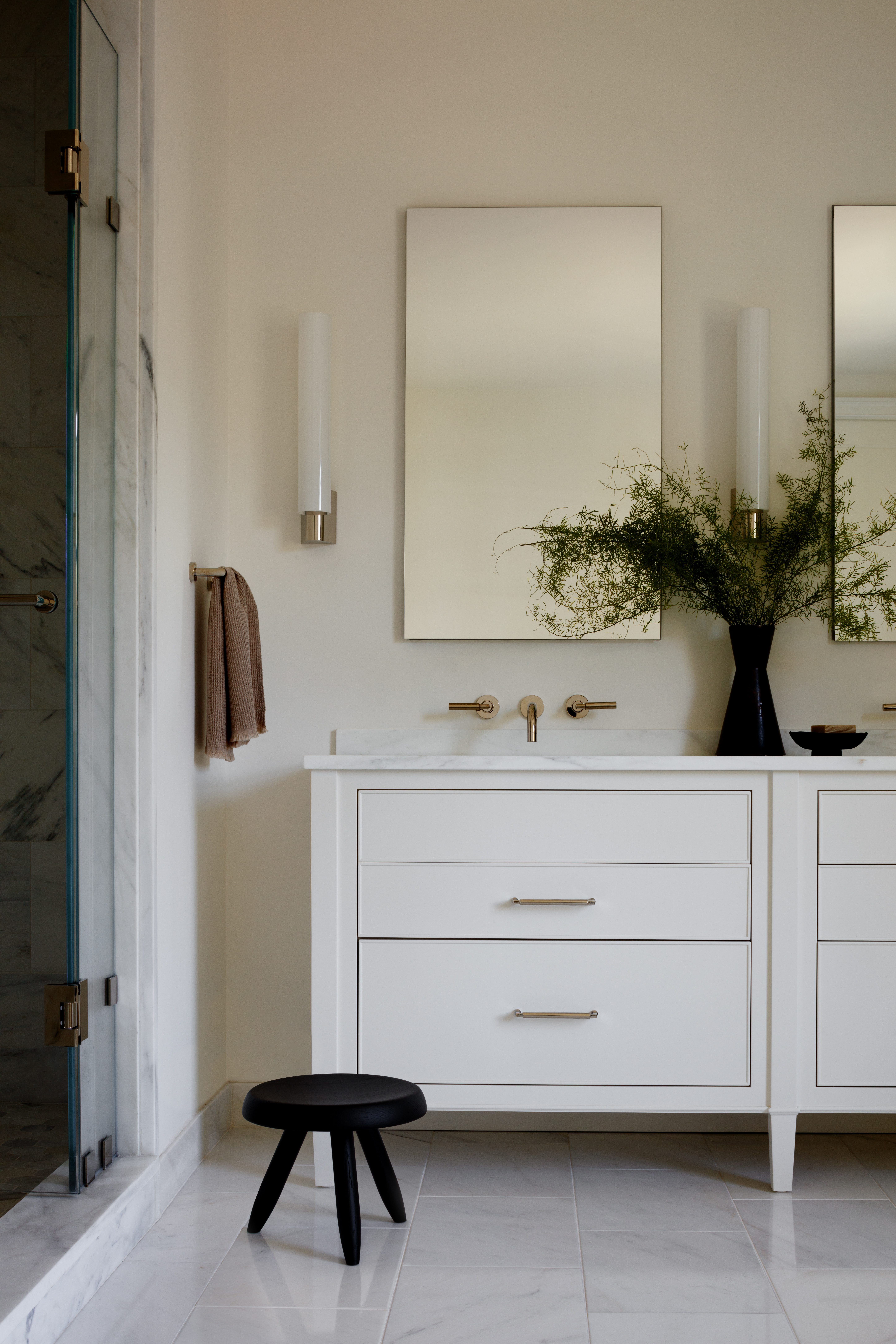 Bathroom double vanity with stool