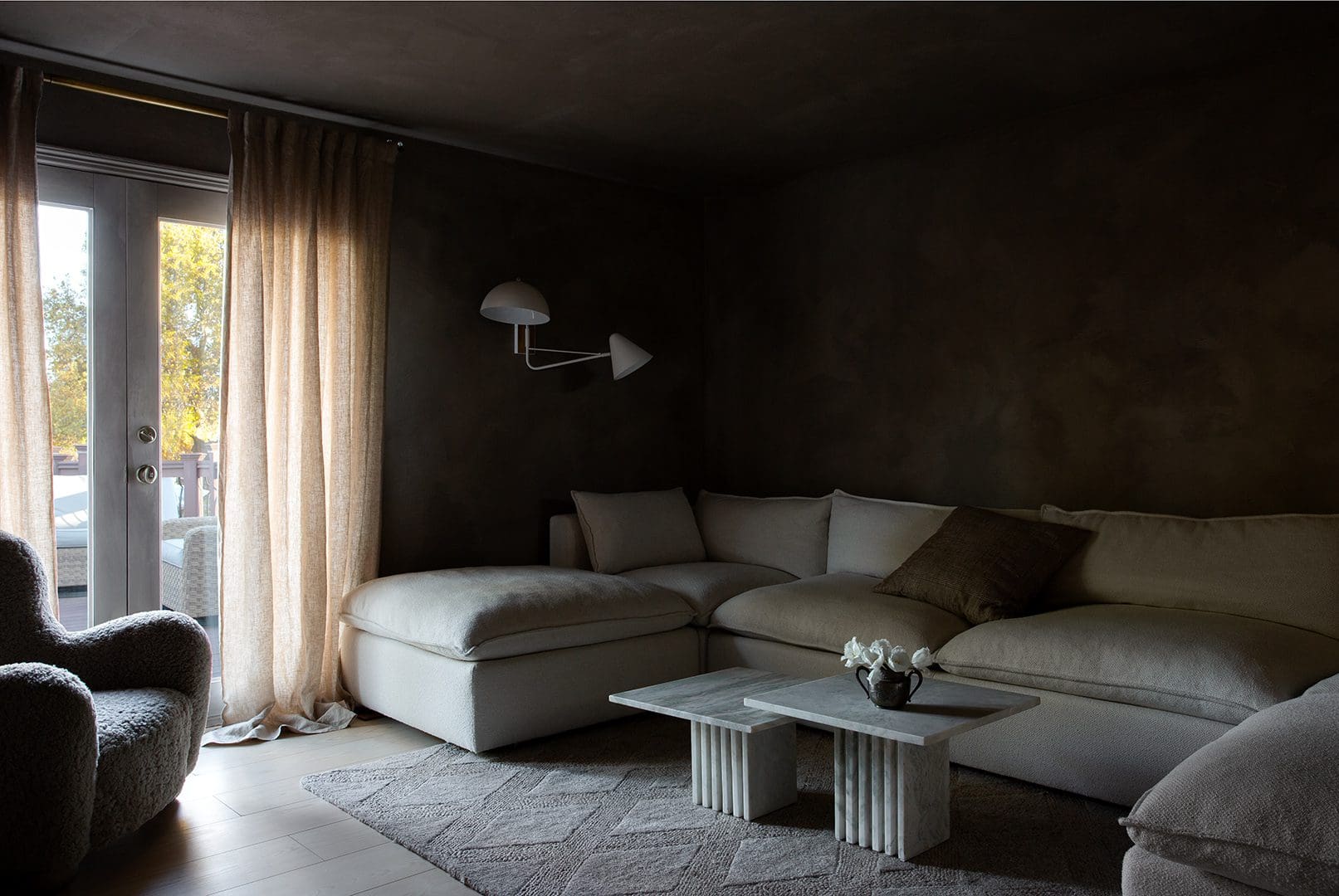 Moody entertainment room limewash paint