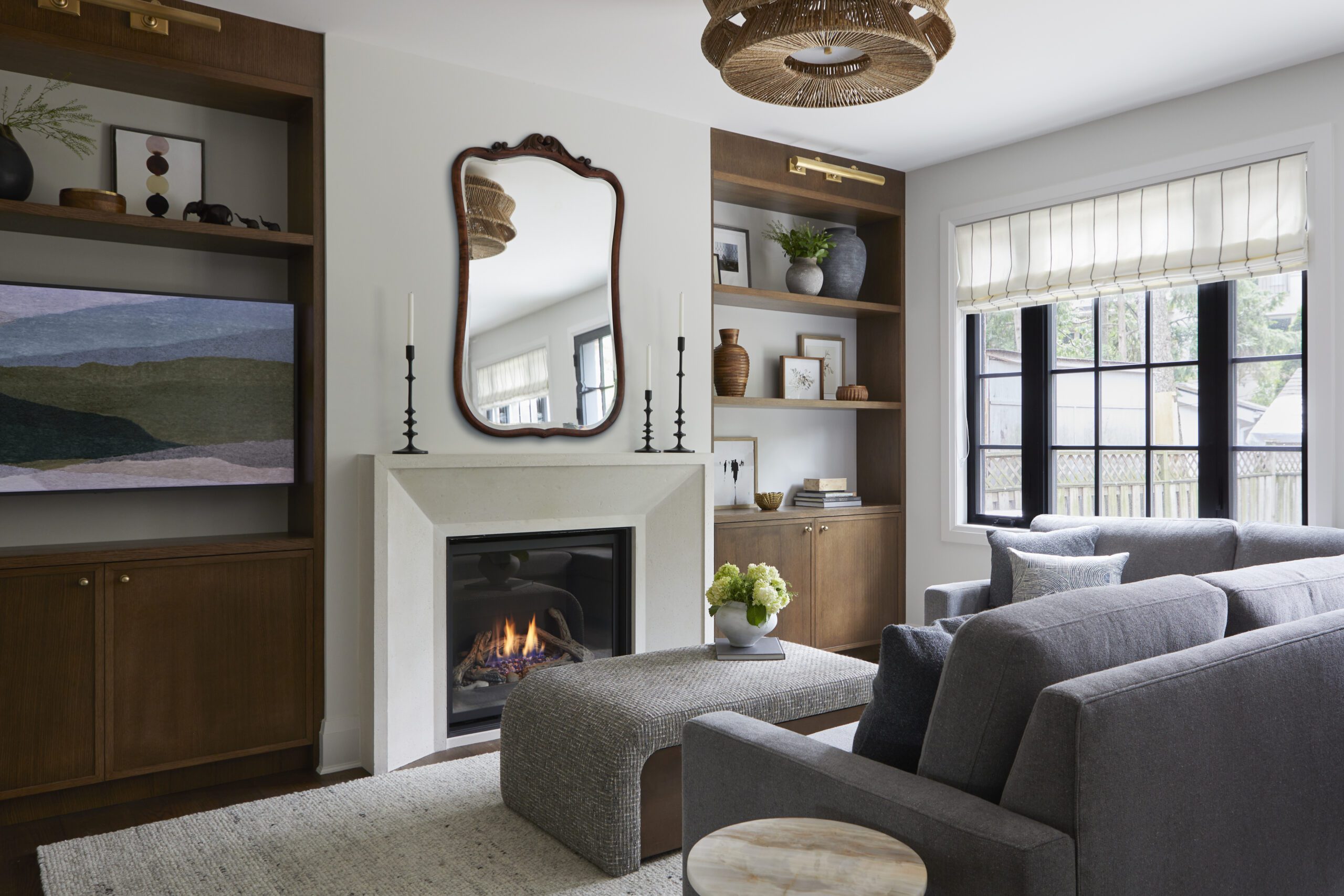 Modern traditional living room fireplace with mirror