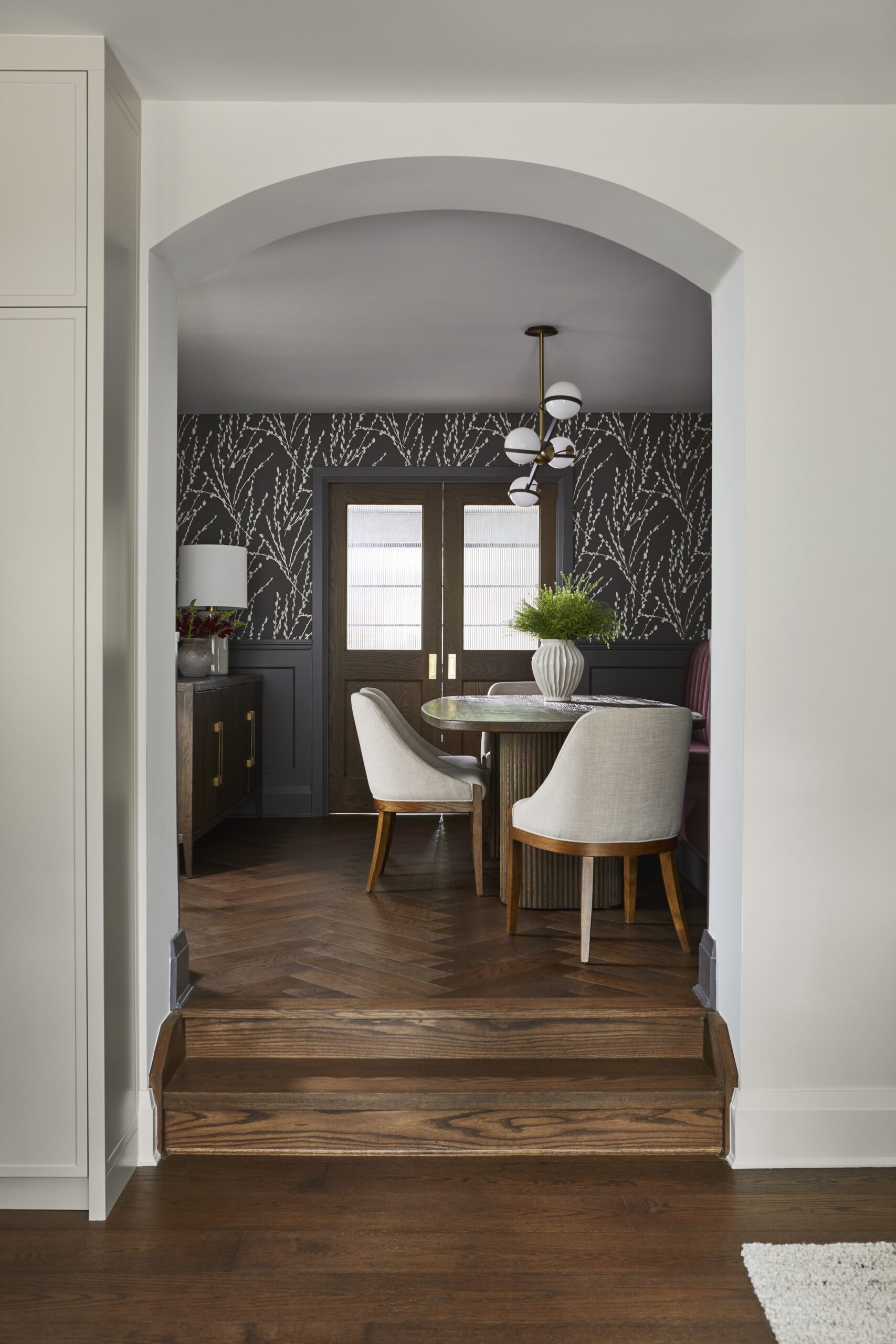 Modern dining room wallpapered walls