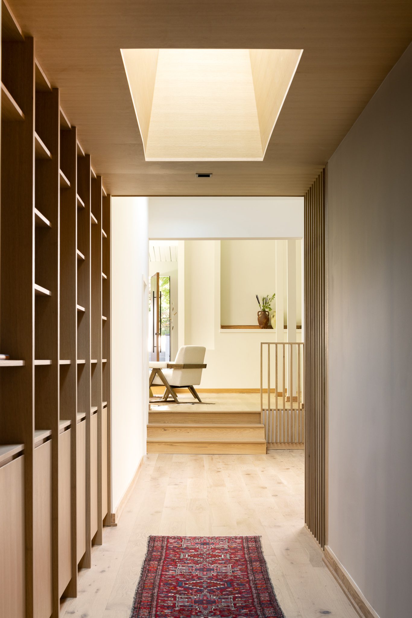 Library nook wood oak shelving mid century