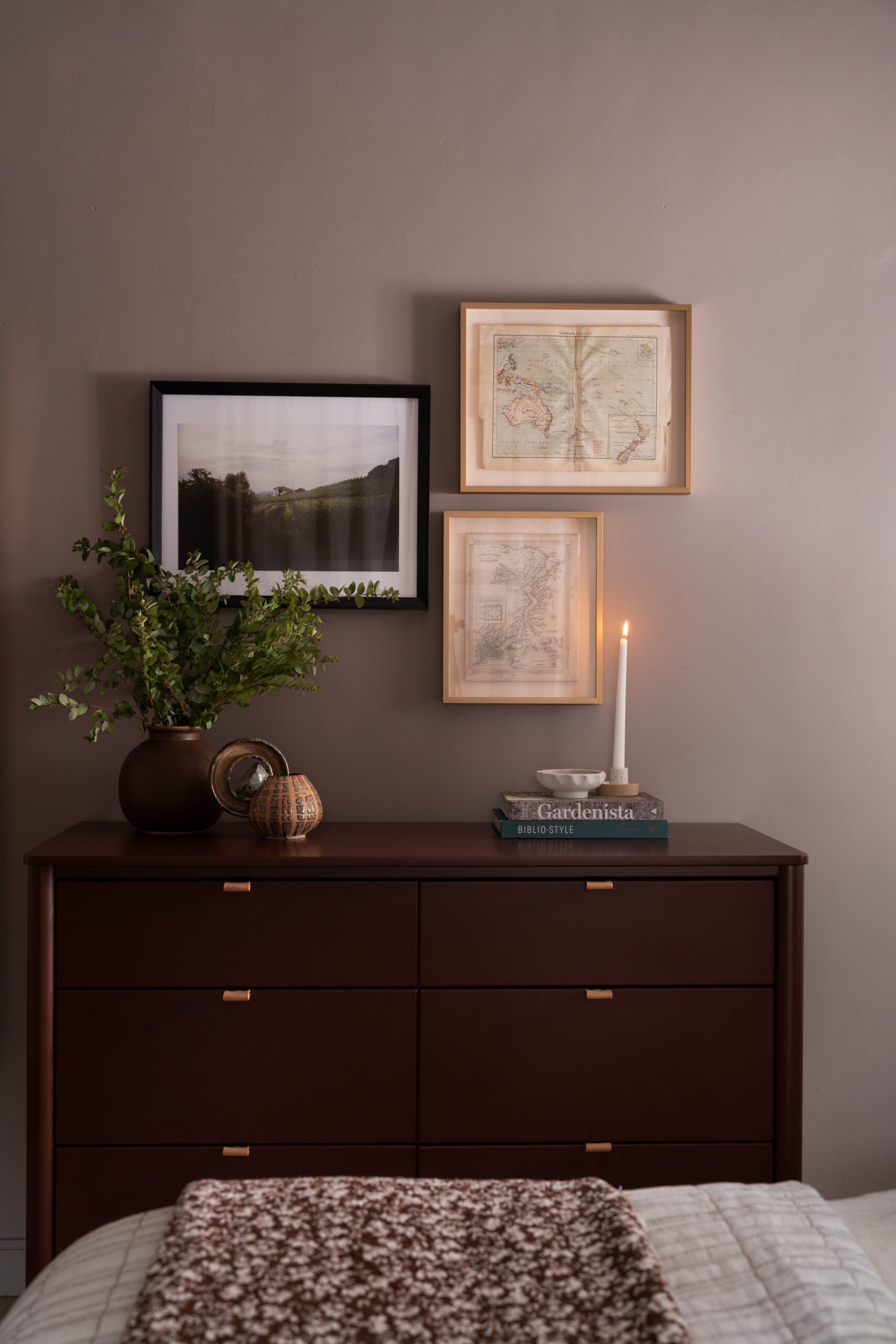 Contemporary bedroom dresser mauve walls