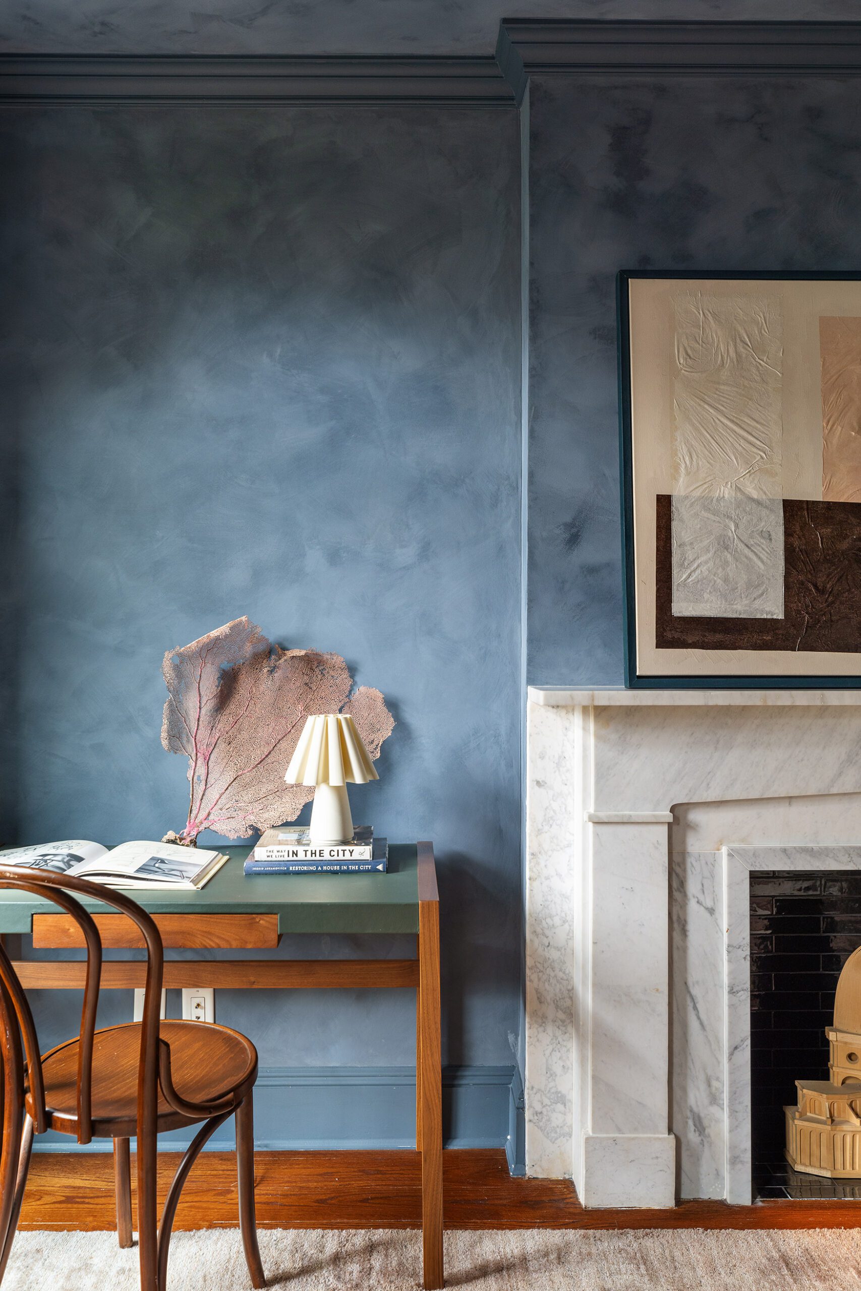 Office desk with coffee table books