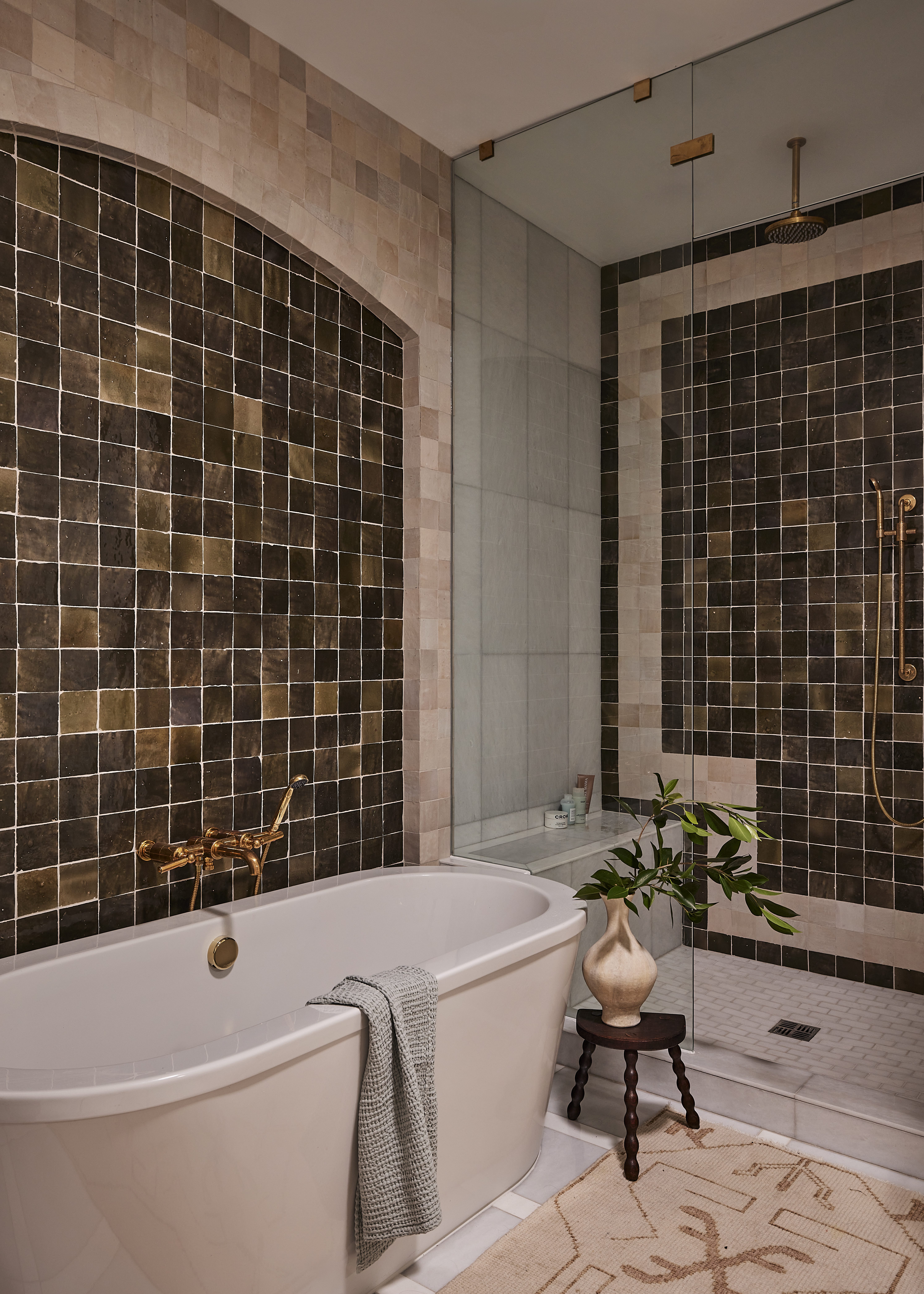 Zellige tiled bathroom wall freestanding tub