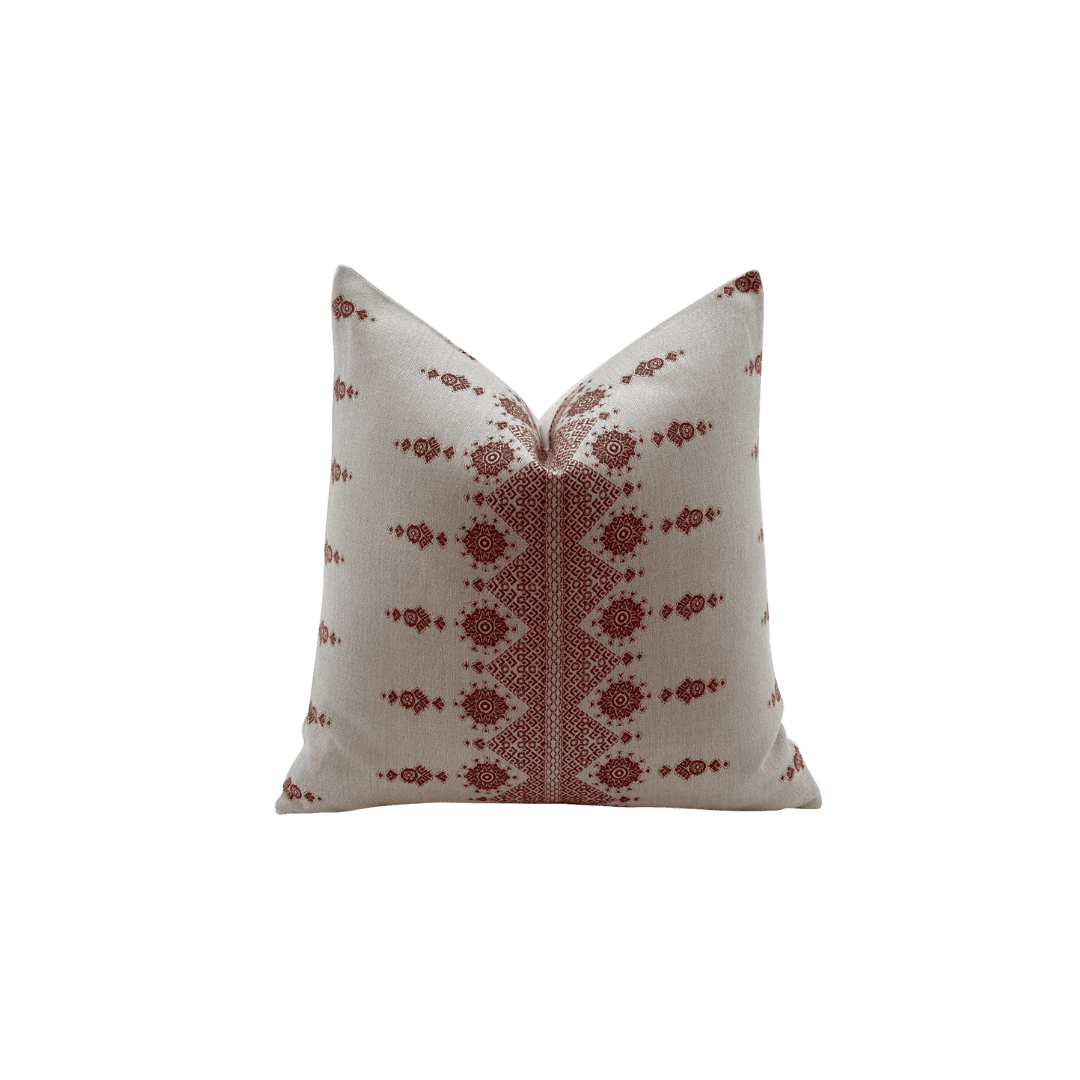 white and red block print pillow