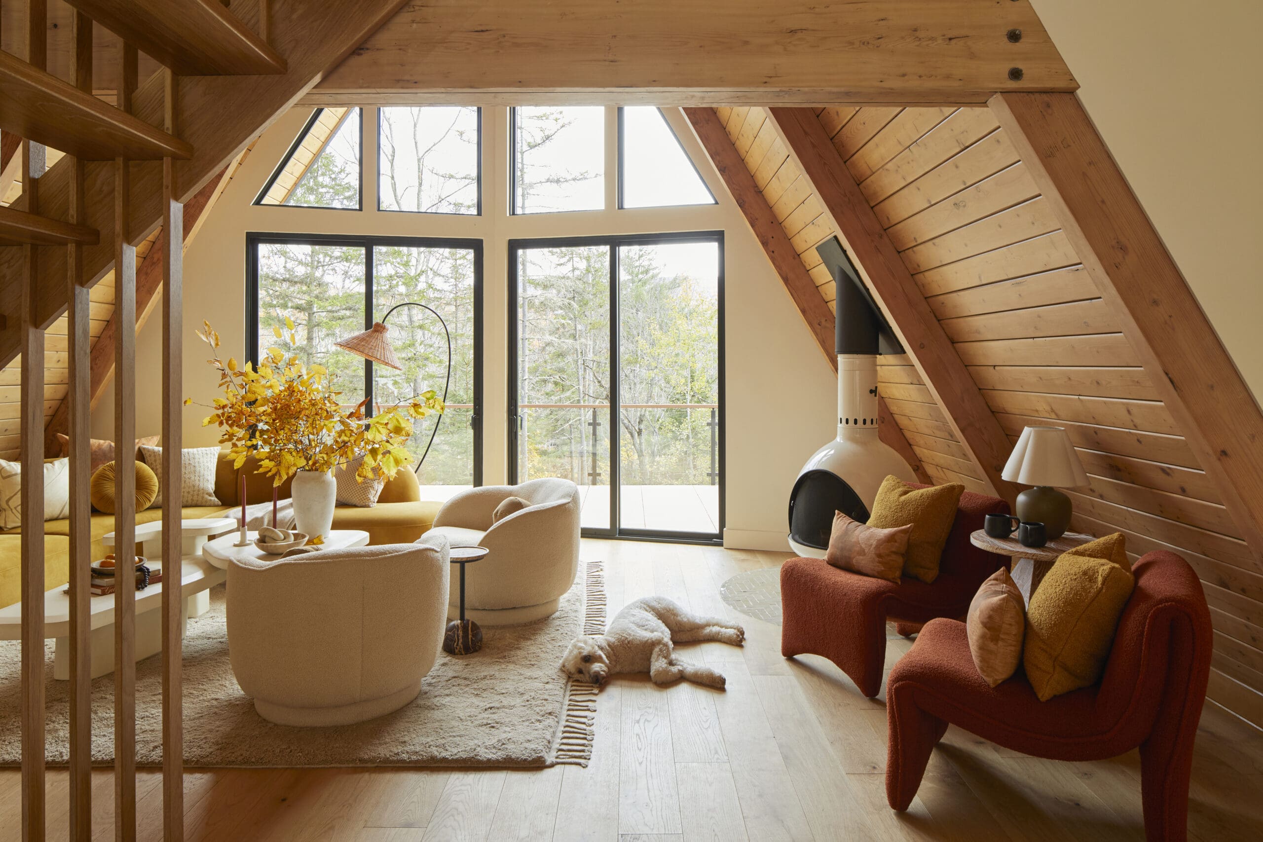 A-frame cabin with large windows
