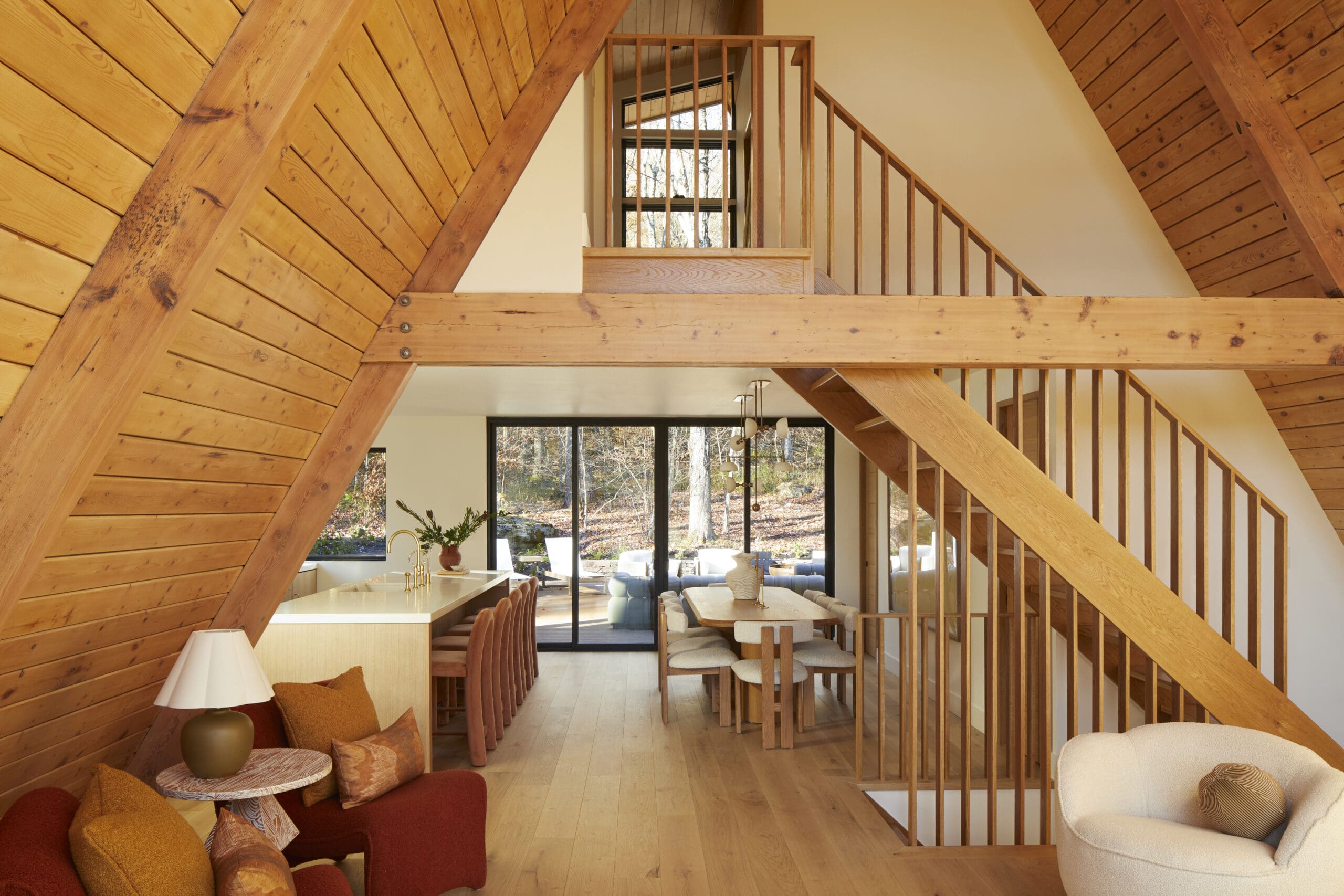 Two story A-frame with wood accents