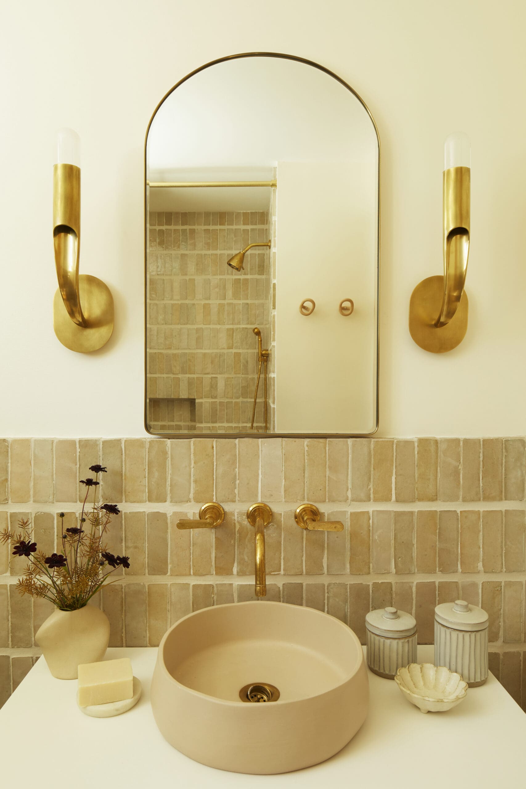 Powder bathroom with tile backsplash