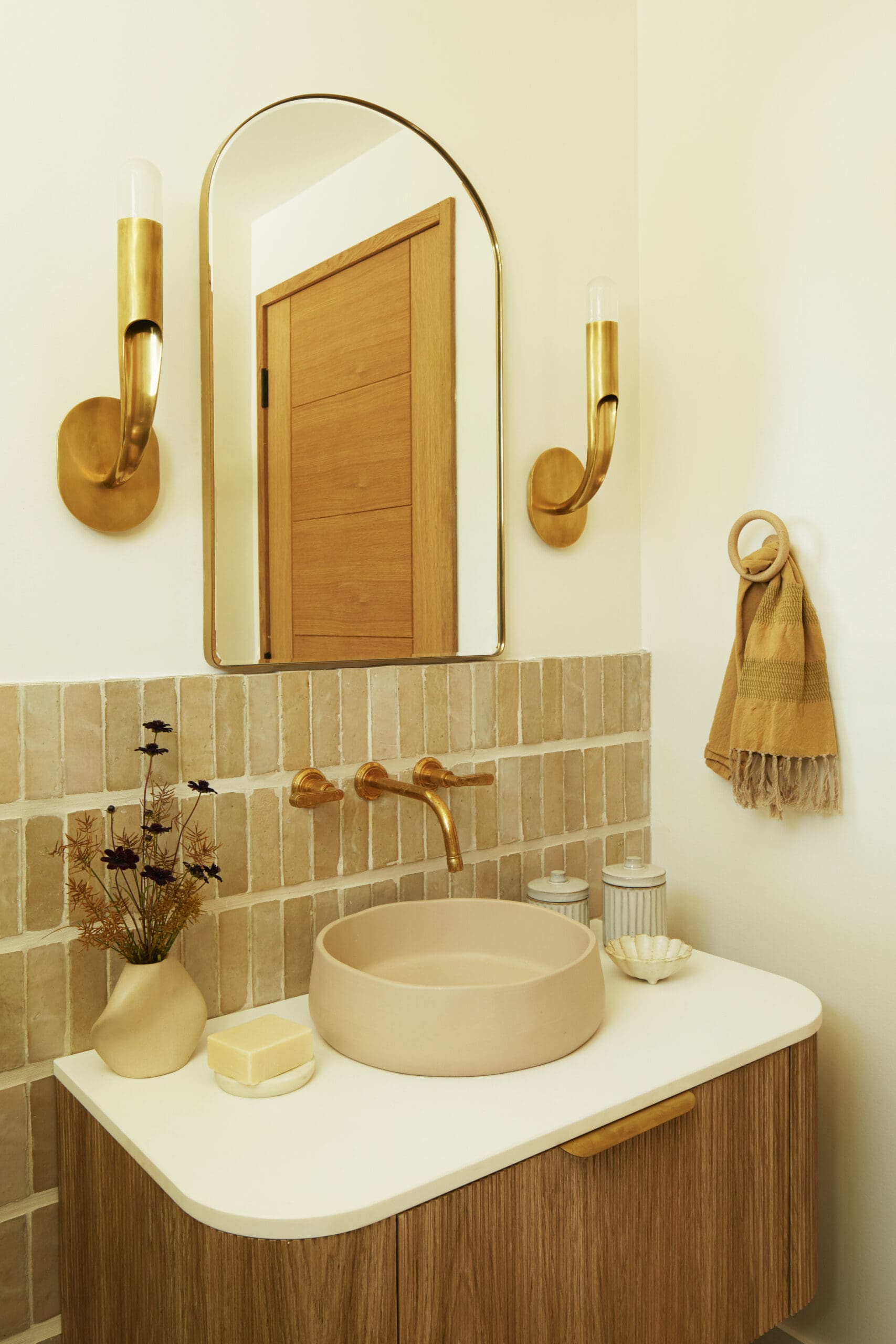 Powder bathroom with tile backsplash