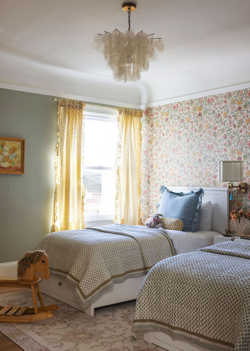 Girls room twin sized beds with pattern