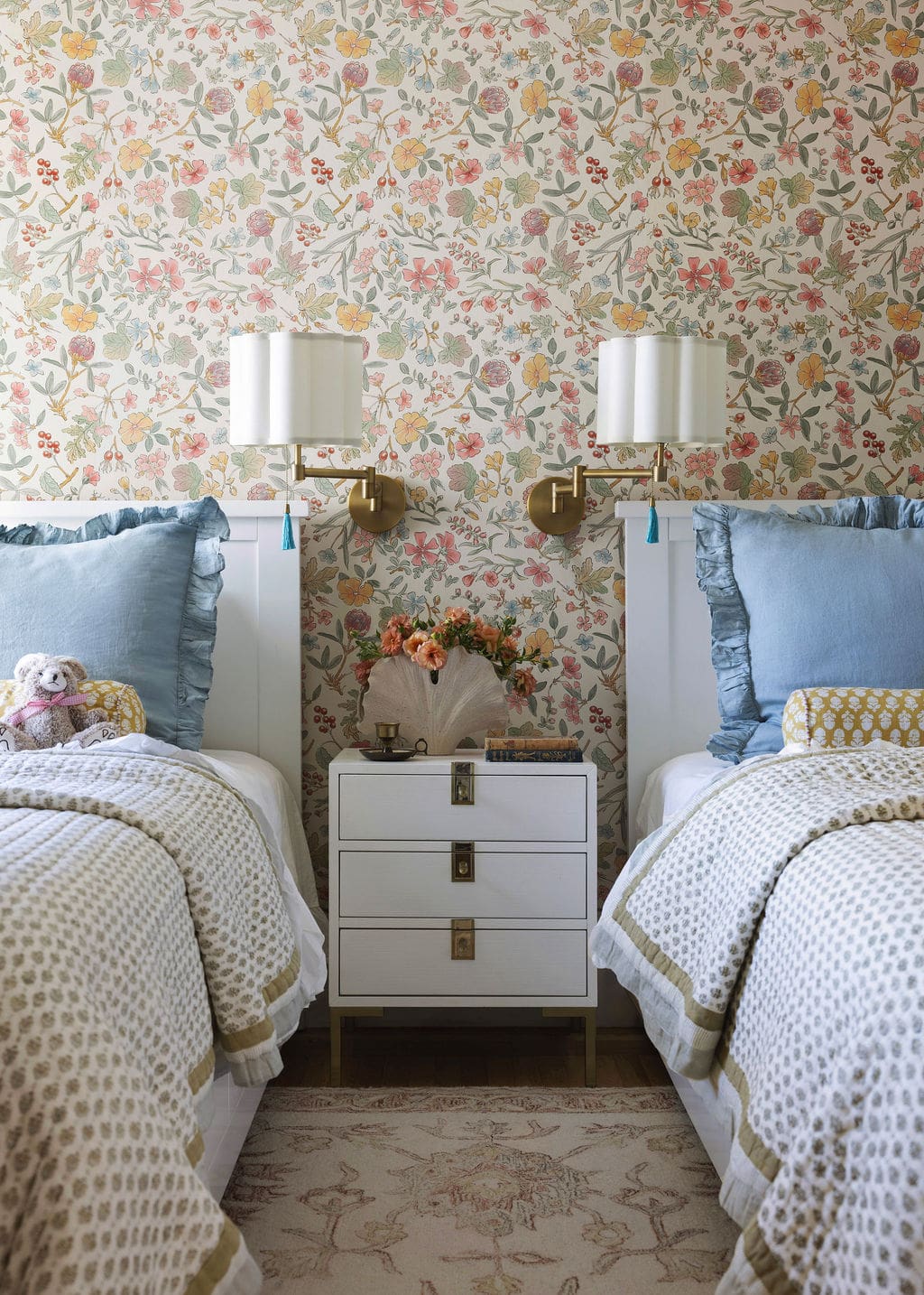 Girls room twin sized beds with pattern