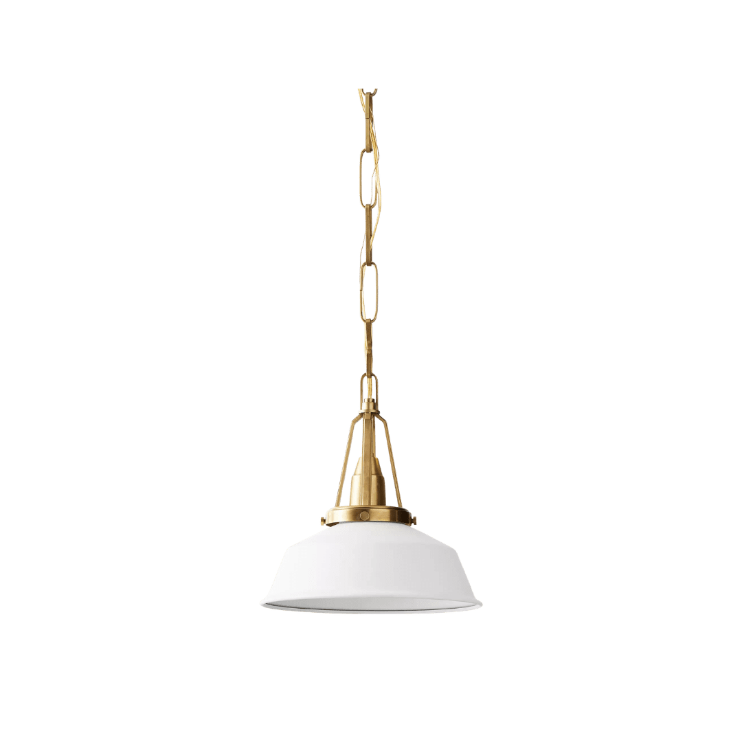 White pendant light with brass accents