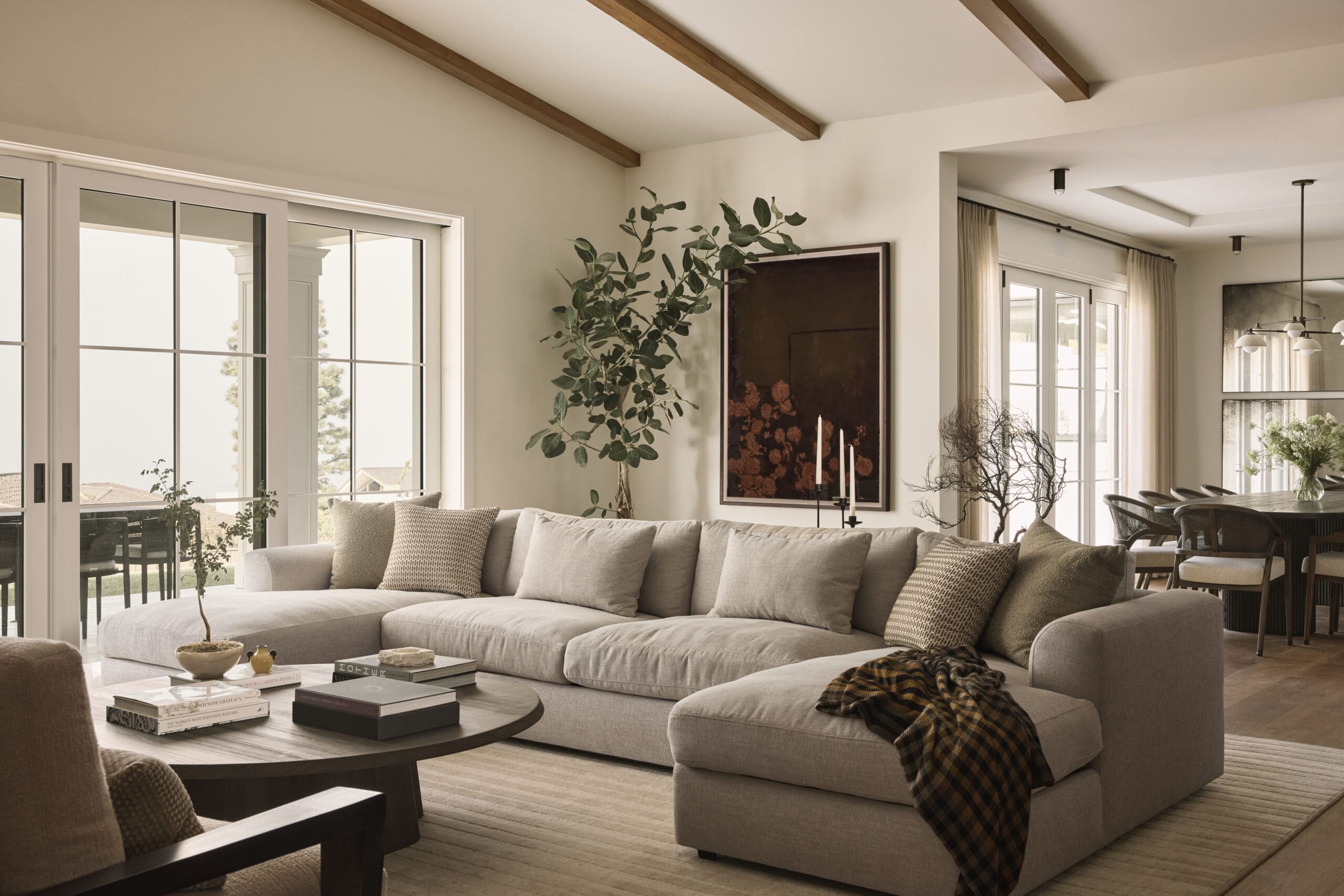 Living room with sectional sofa and white walls