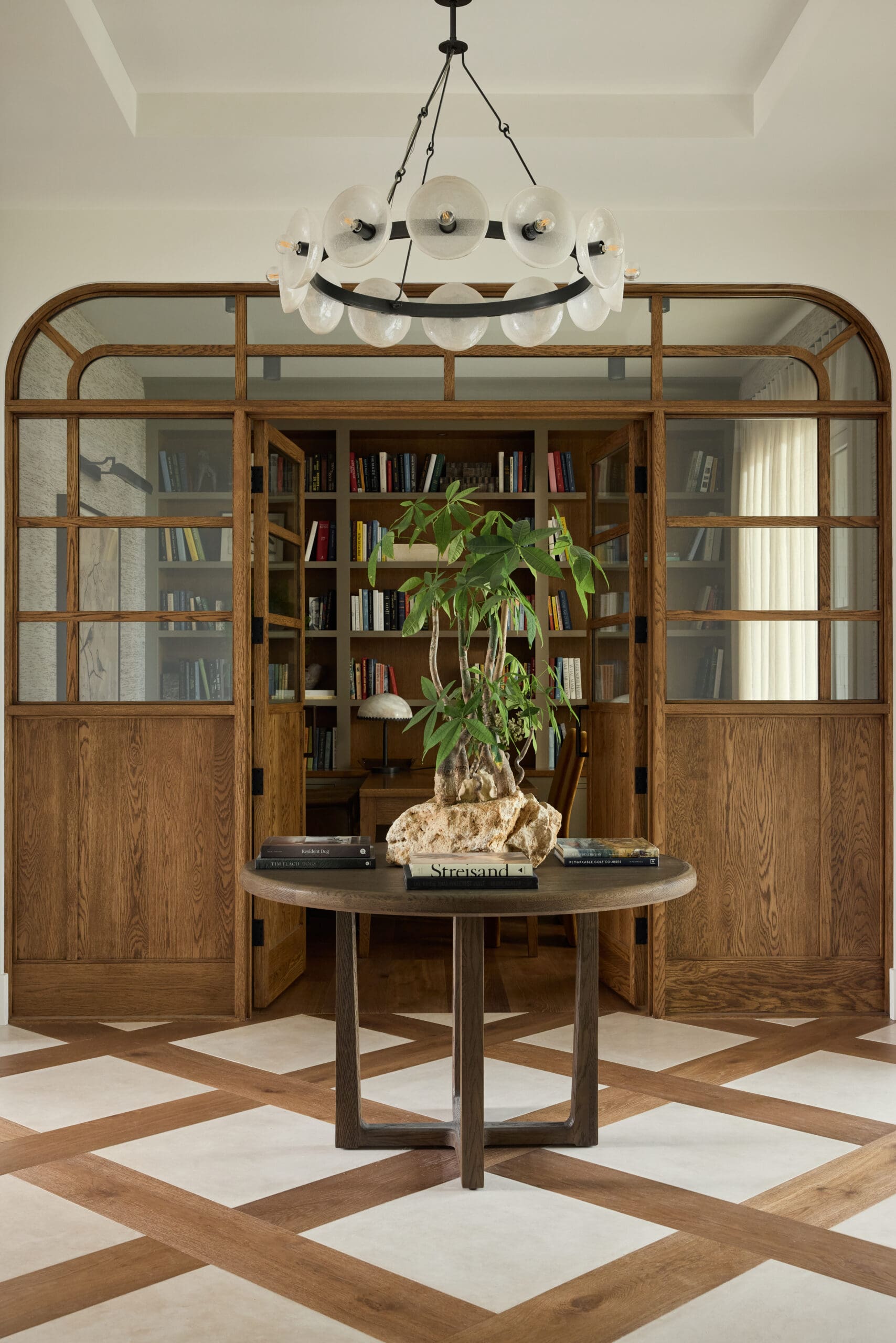 Checkered floors entryway table and ceiling light