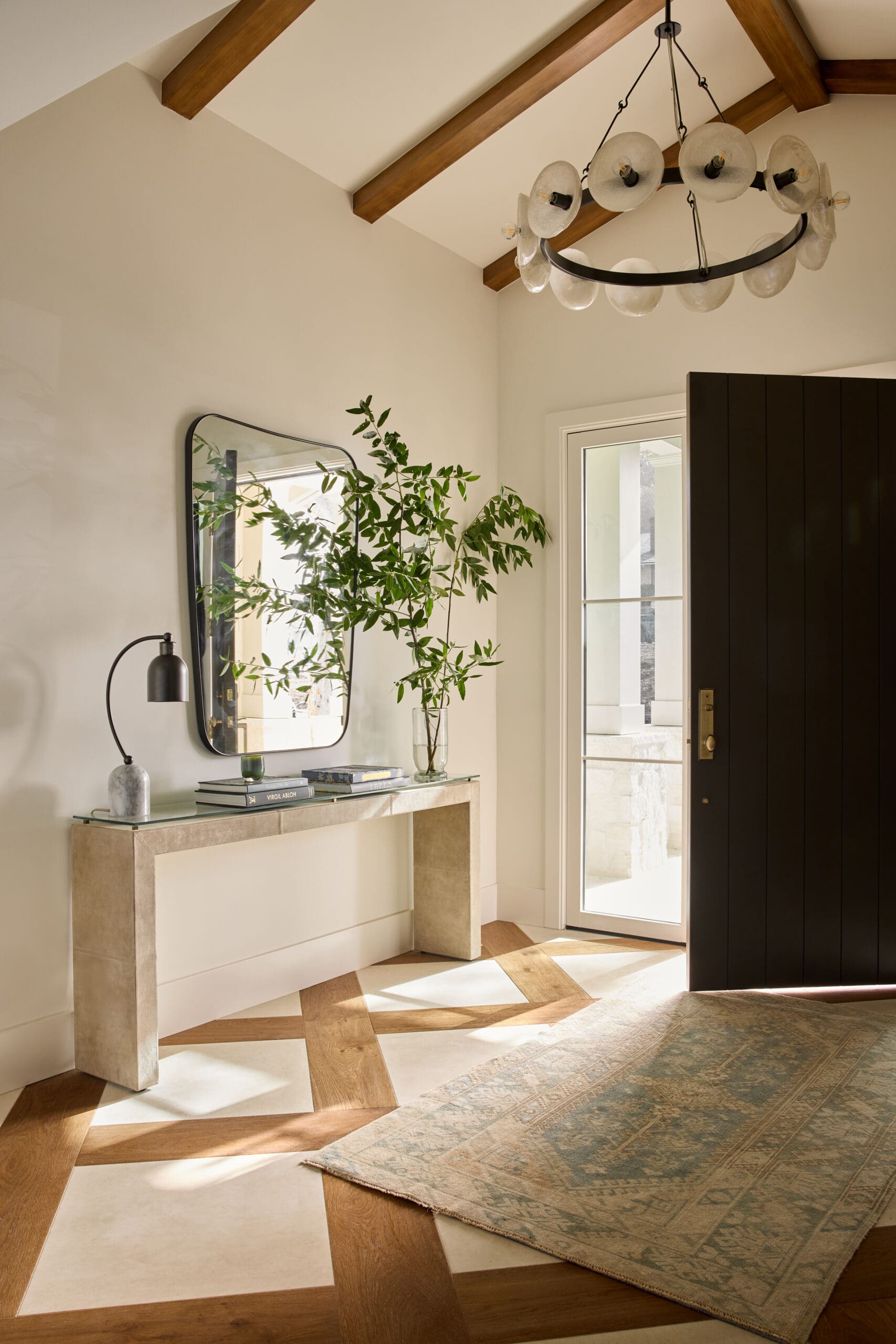 Entryway console with mirror and plant