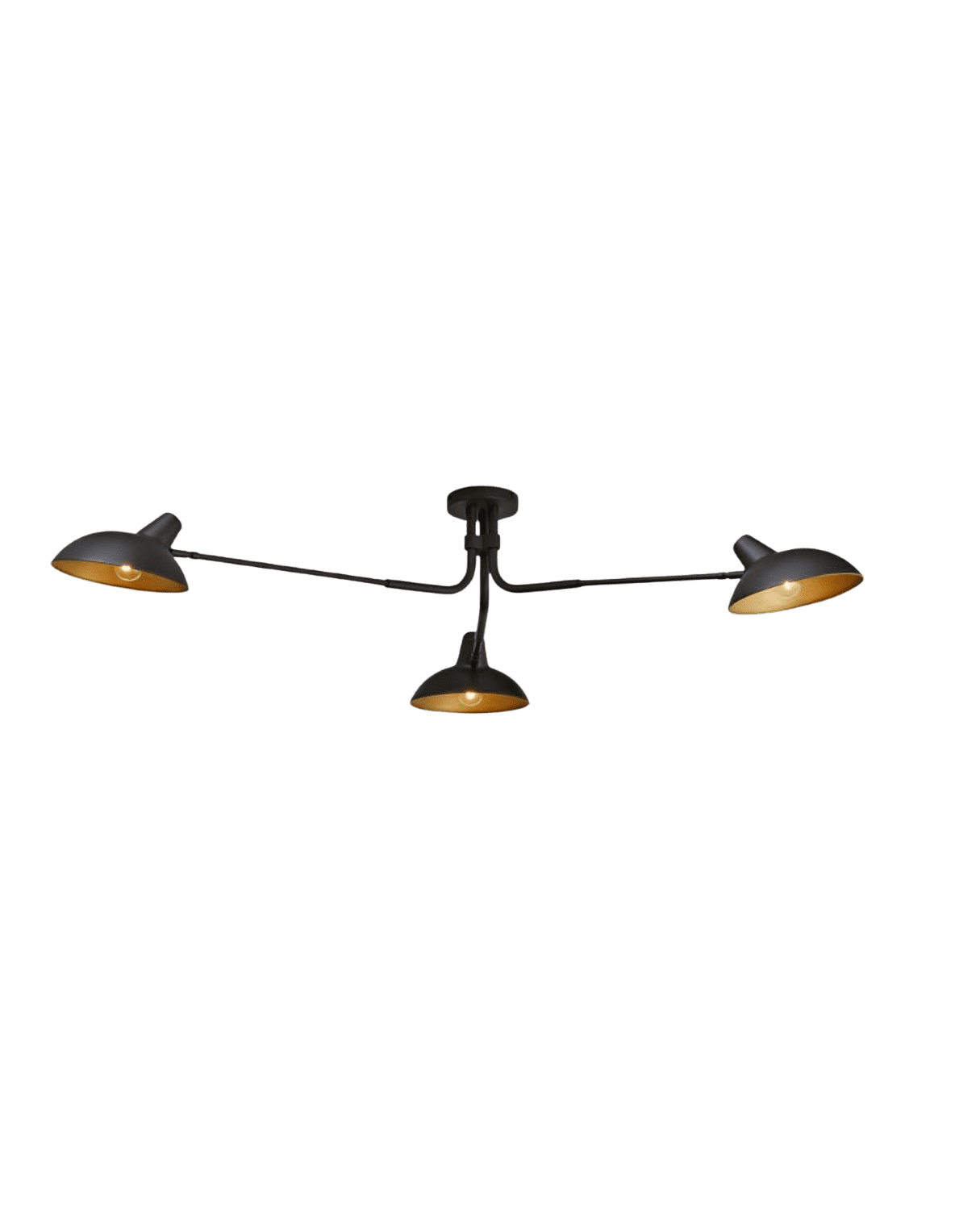 Three-arm black metal ceiling light with amber-glowing shades for warm illumination keeping a modern-industrial look.