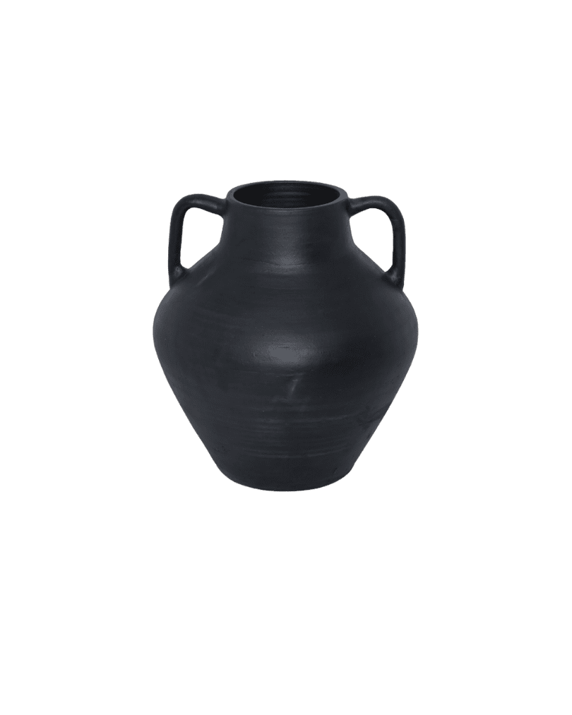 Black ceramic vase with two side handles and a narrow neck, matte finish