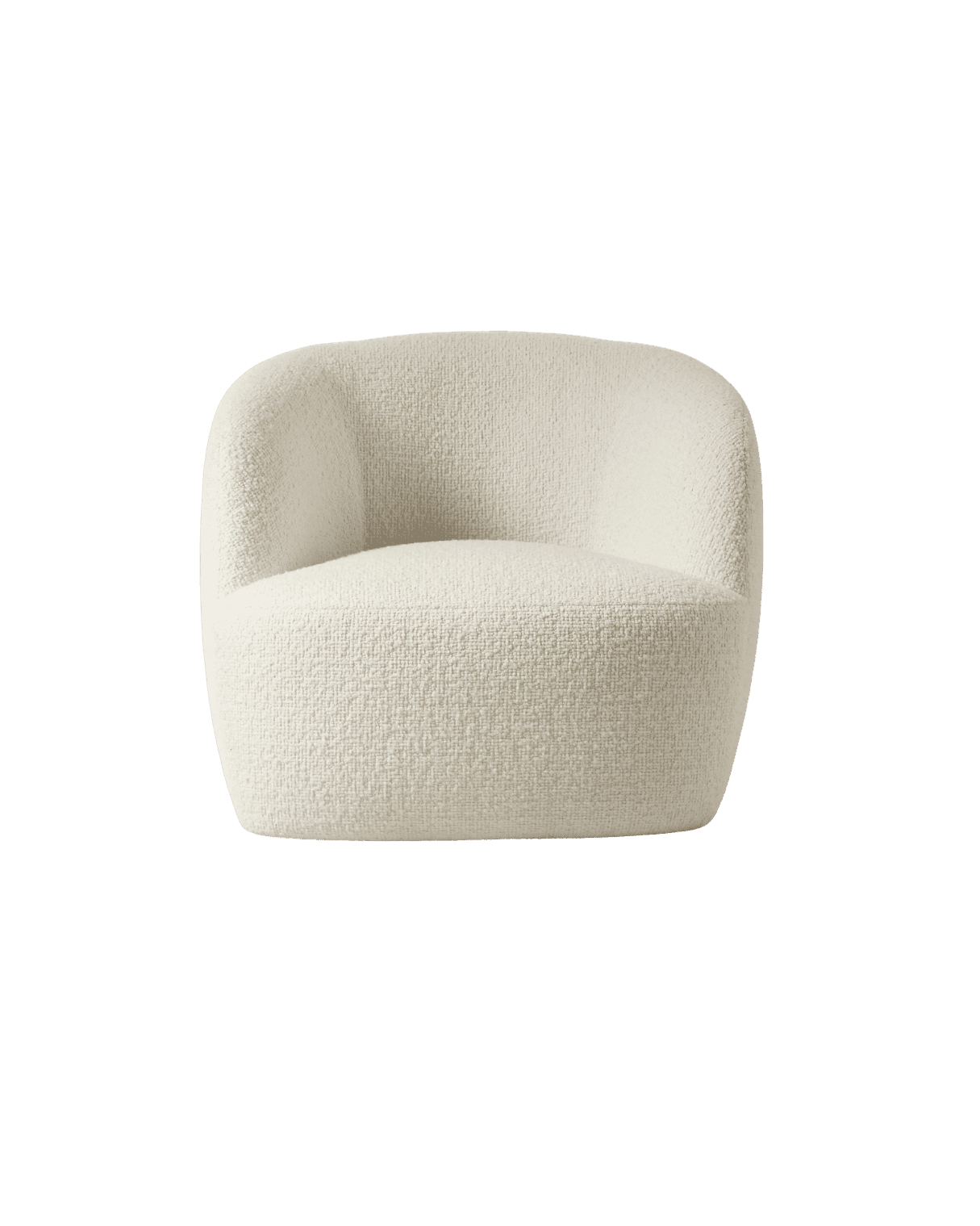Cream boucle-armchair with rounded arms, shown on a solid green background.