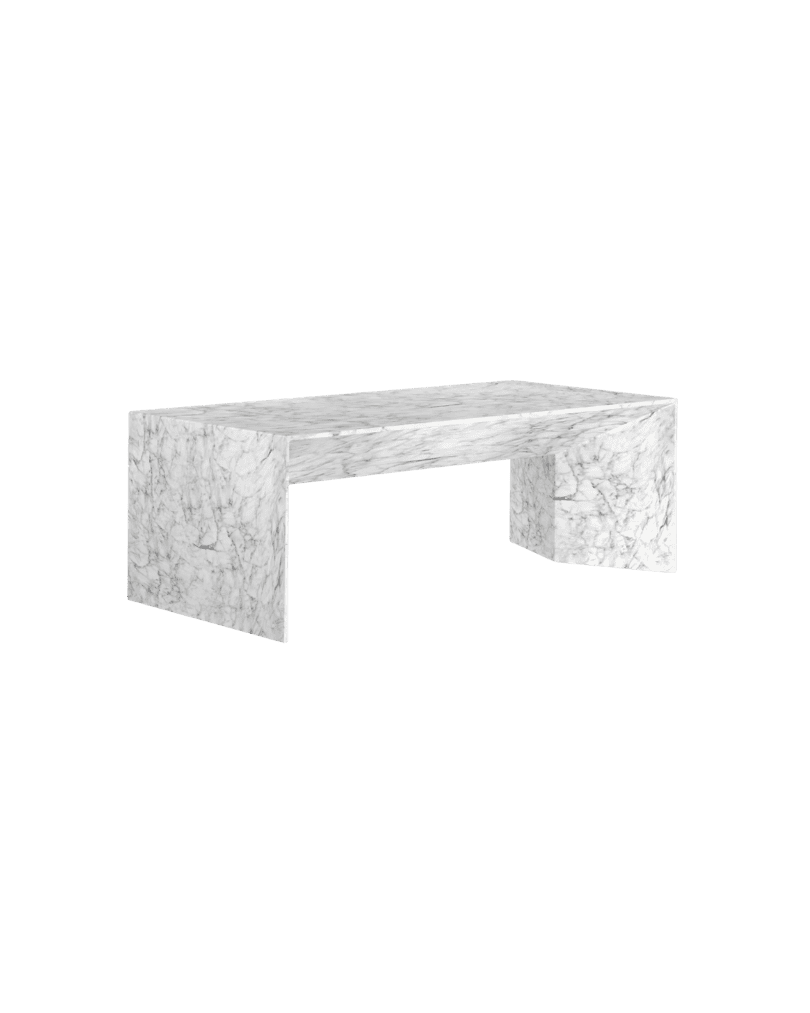 Marble console table with a rectangular top and two solid end supports, white with gray veining.