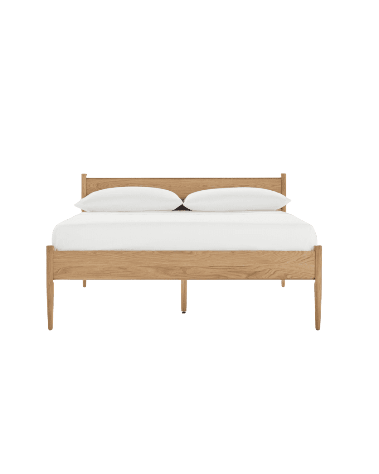 Wooden bed with white bedding and two pillows against a plain background