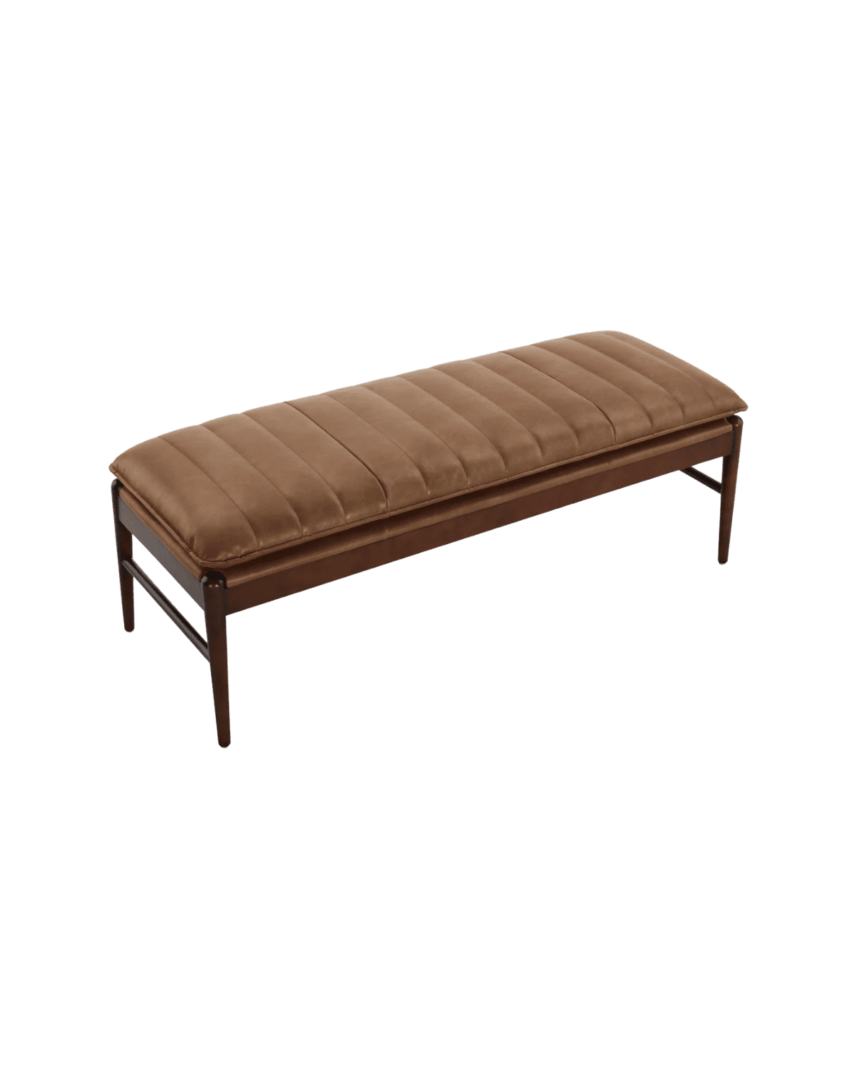 Brown leather upholstered bench with a tufted cushion and dark wood legs, diagonal perspective view.