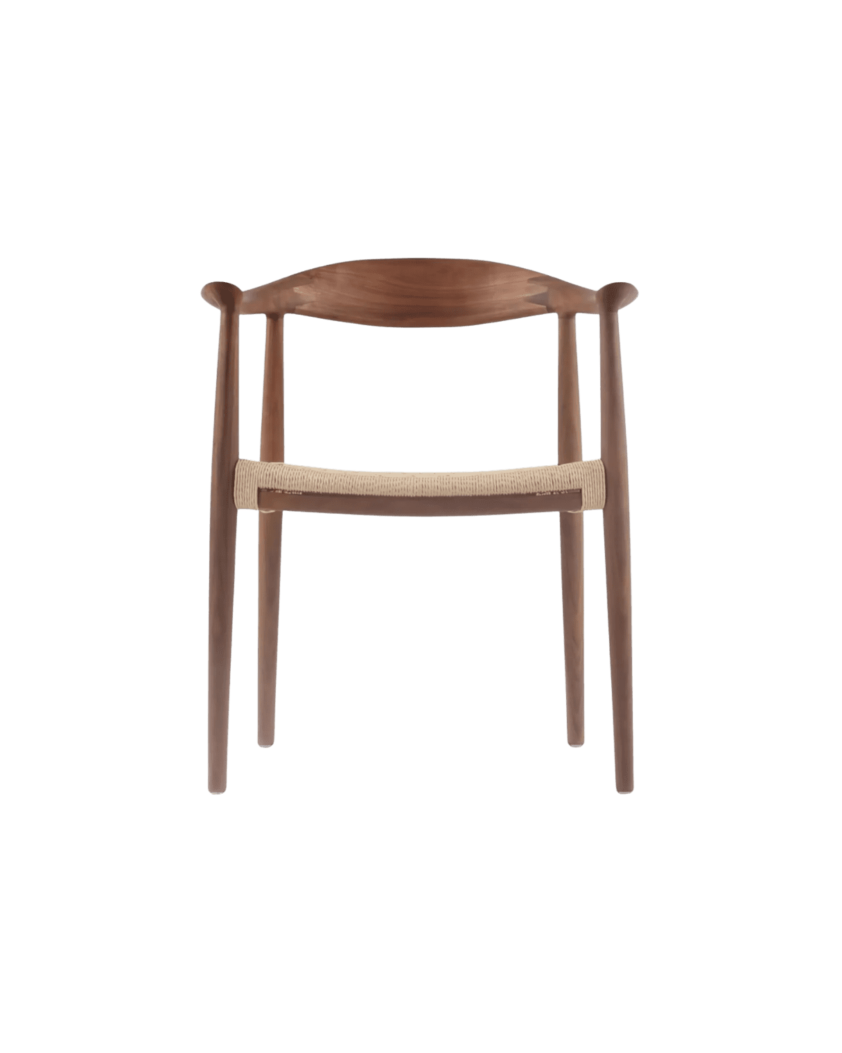 Wooden chair with a curved backrest and a woven rush seat, in warm brown tones