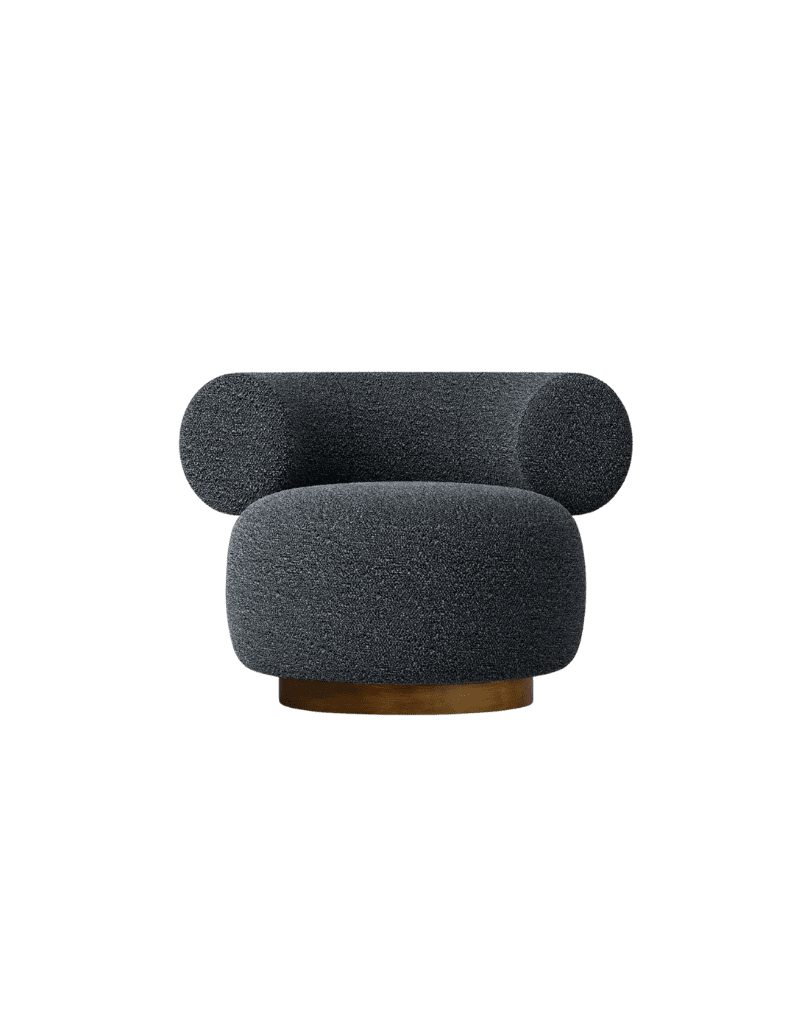 Dark gray textured boucle lounge chair with rounded back and a wooden base.