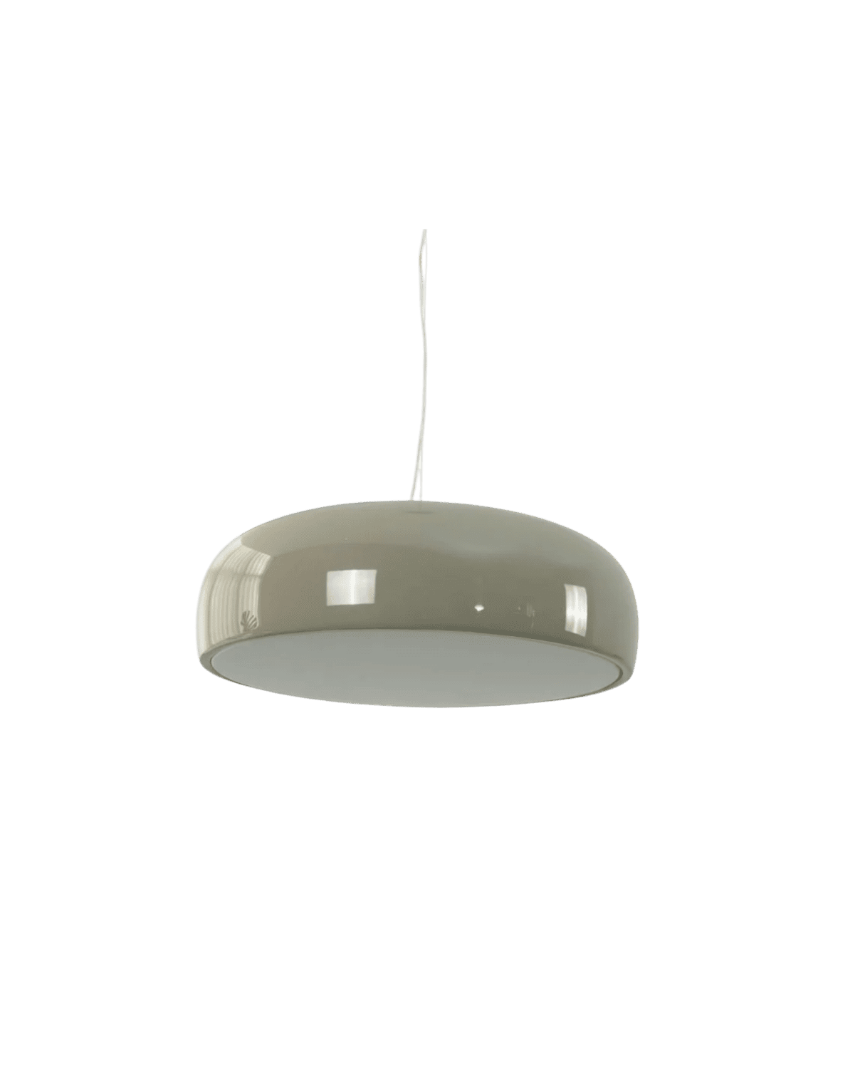 Pendant ceiling lamp: large circular dome with a glossy beige finish and white bottom, hanging by a thin cord.