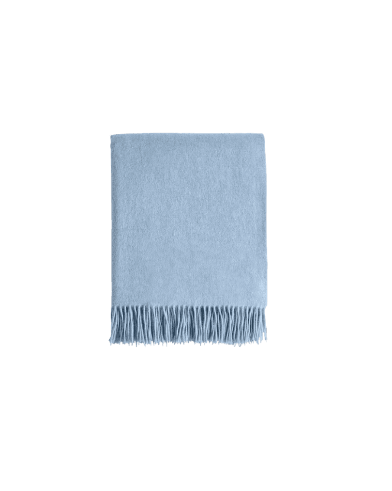 Light blue folded blanket with a fringed edge at the bottom side.