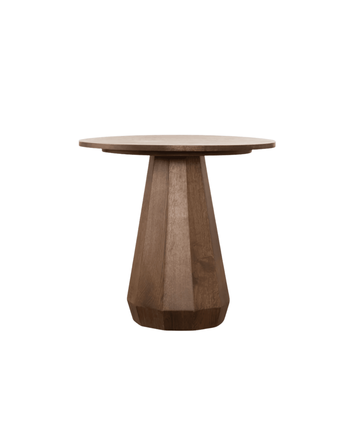 Wooden round table with a faceted pedestal base on a black background.