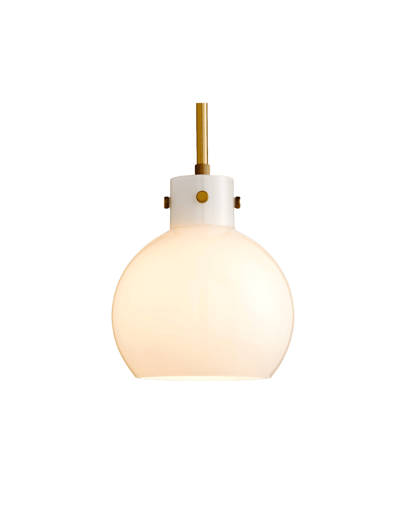 White glass globe pendant lamp with brass hardware; hanging light fixture