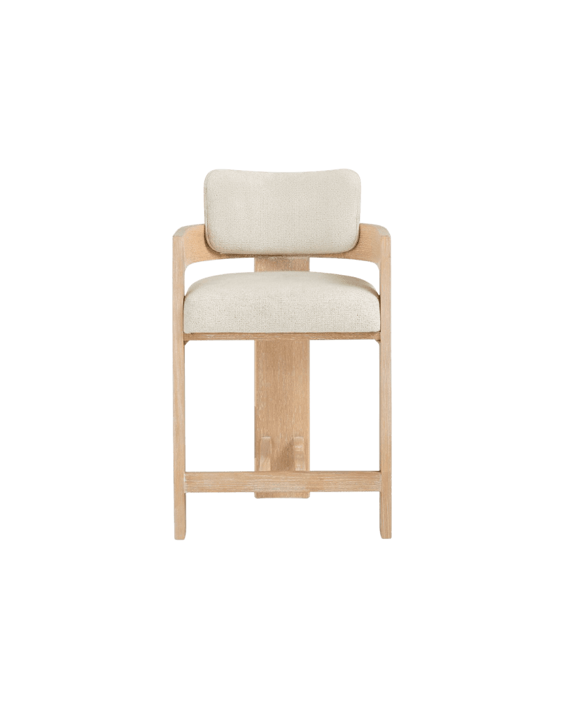 Front-facing wooden bar stool with light beige cushioned seat and backrest, on a green background.