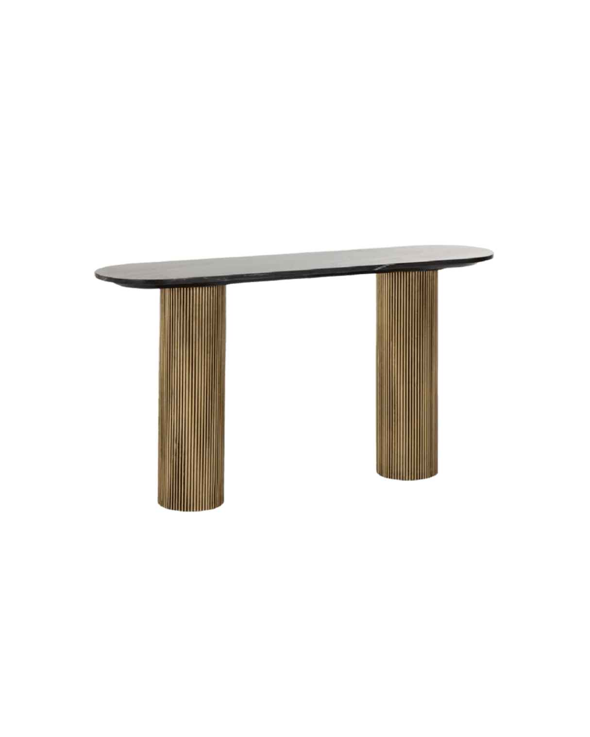 Oval dining table with a smooth gray top and two vertical fluted wooden legs in a warm brown finish. (Informative)