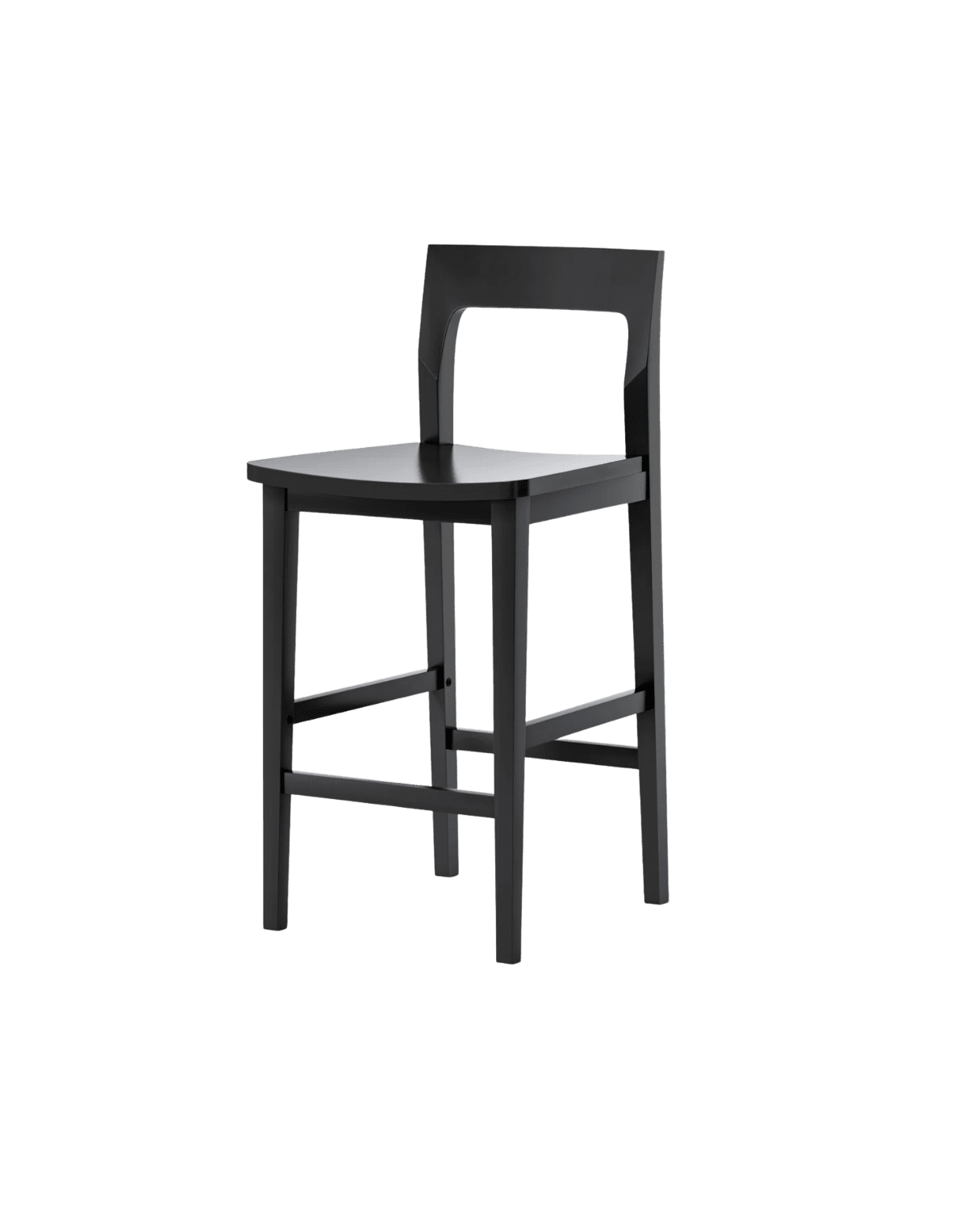 Black wooden high chair/bar stool with four legs, square seat, and curved rectangular backrest