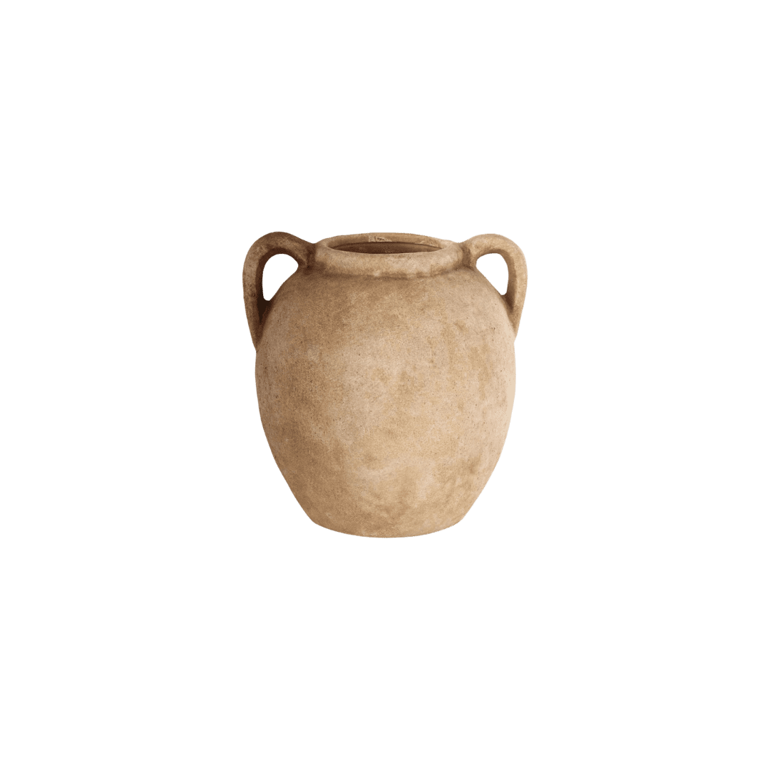 Beige ceramic jar with two curved handles on either side and a wide mouth.