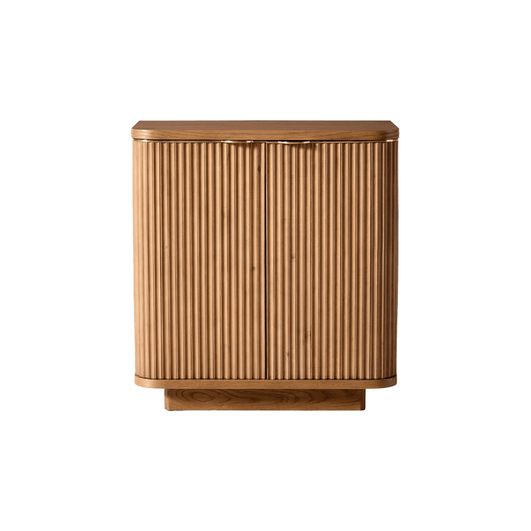 Mid-century wooden cabinet with vertical slats and a curved top, resting on a small base.