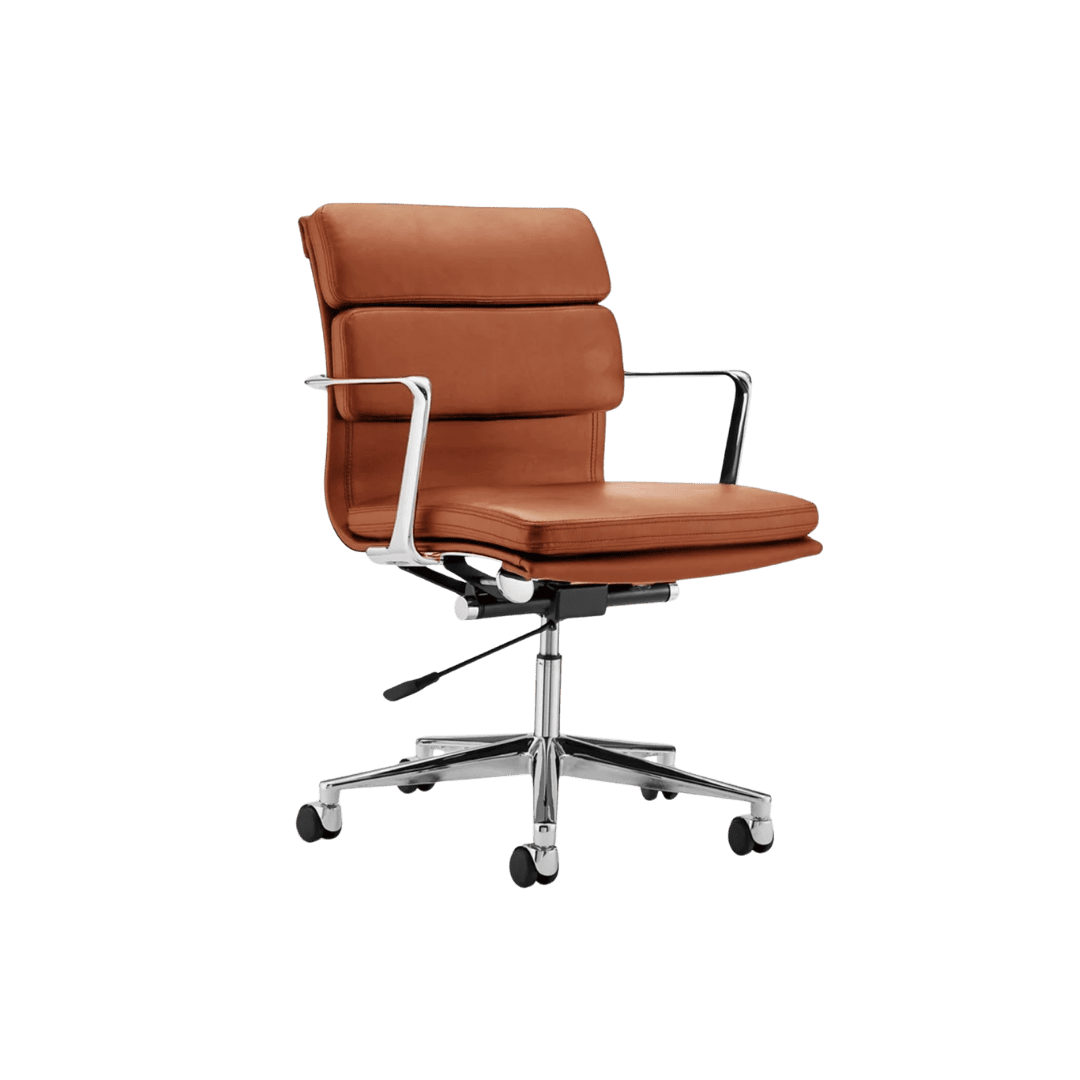 Brown leather executive office chair with padded backrest, chrome armrests, and a wheeled five-star base.