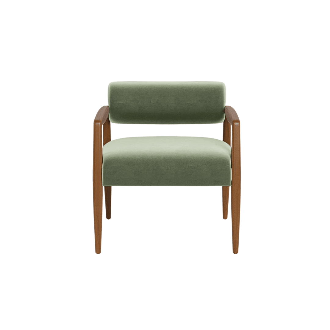 Mid-century green upholstered armchair with wooden legs and arms, facing forward.