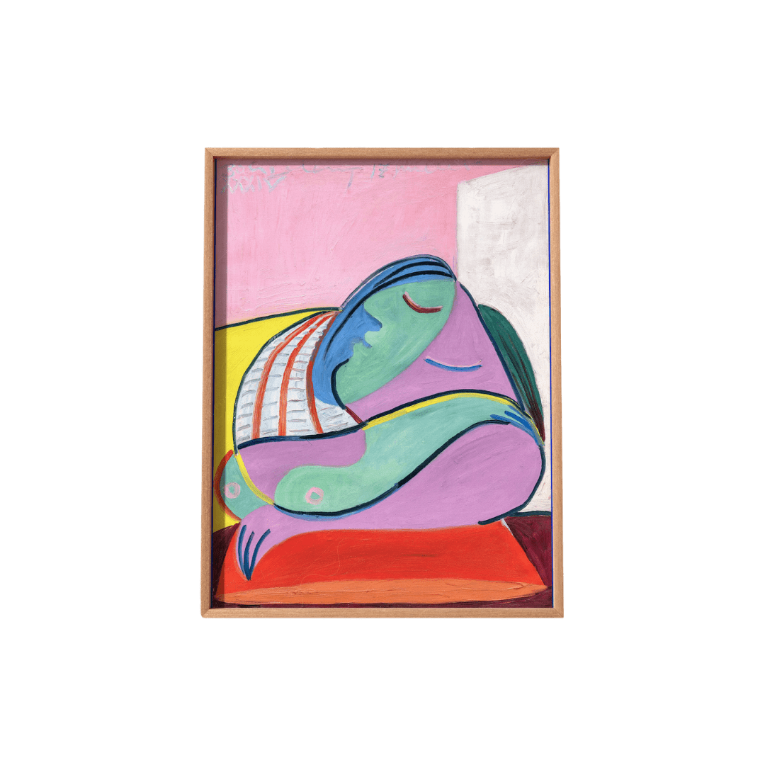 Abstract framed painting of a curled, multi‑colored figure with closed eyes against a pink/yellow background, bold black outlines.