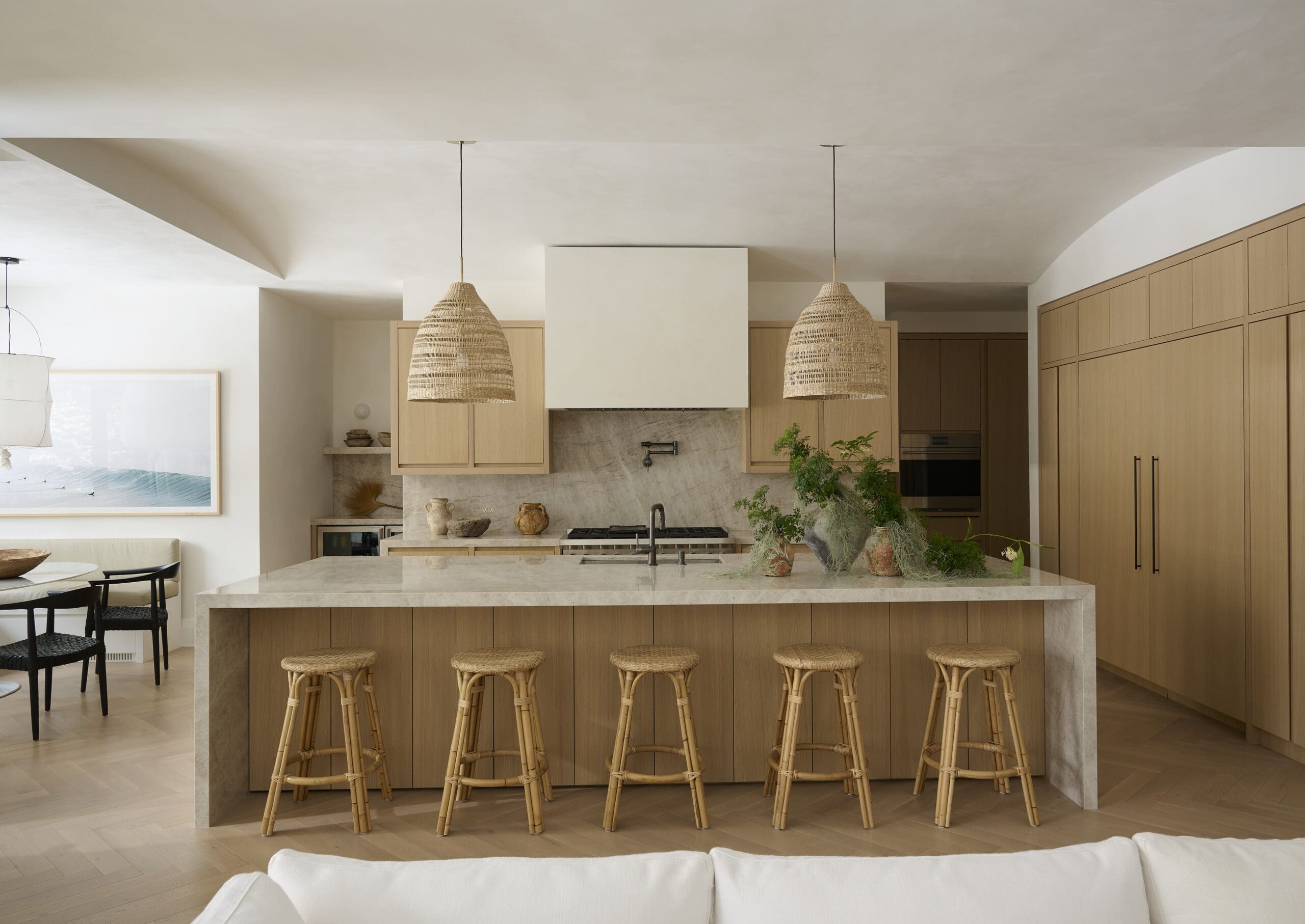 White kitchen with oak cabinets