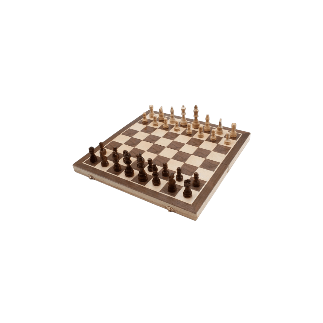 Chessboard with white and black pieces in starting position, ready to play.