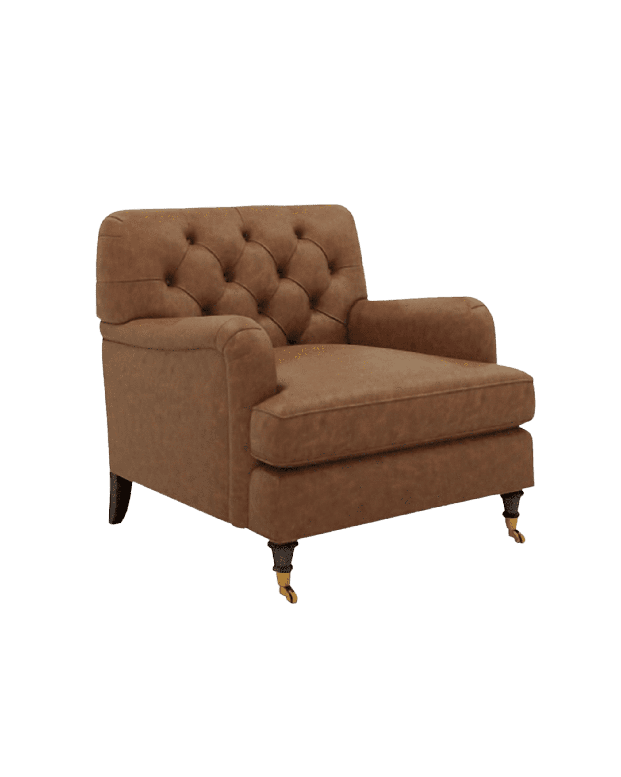 Brown tufted upholstered armchair with rounded back and rolled arms, set against a black background.